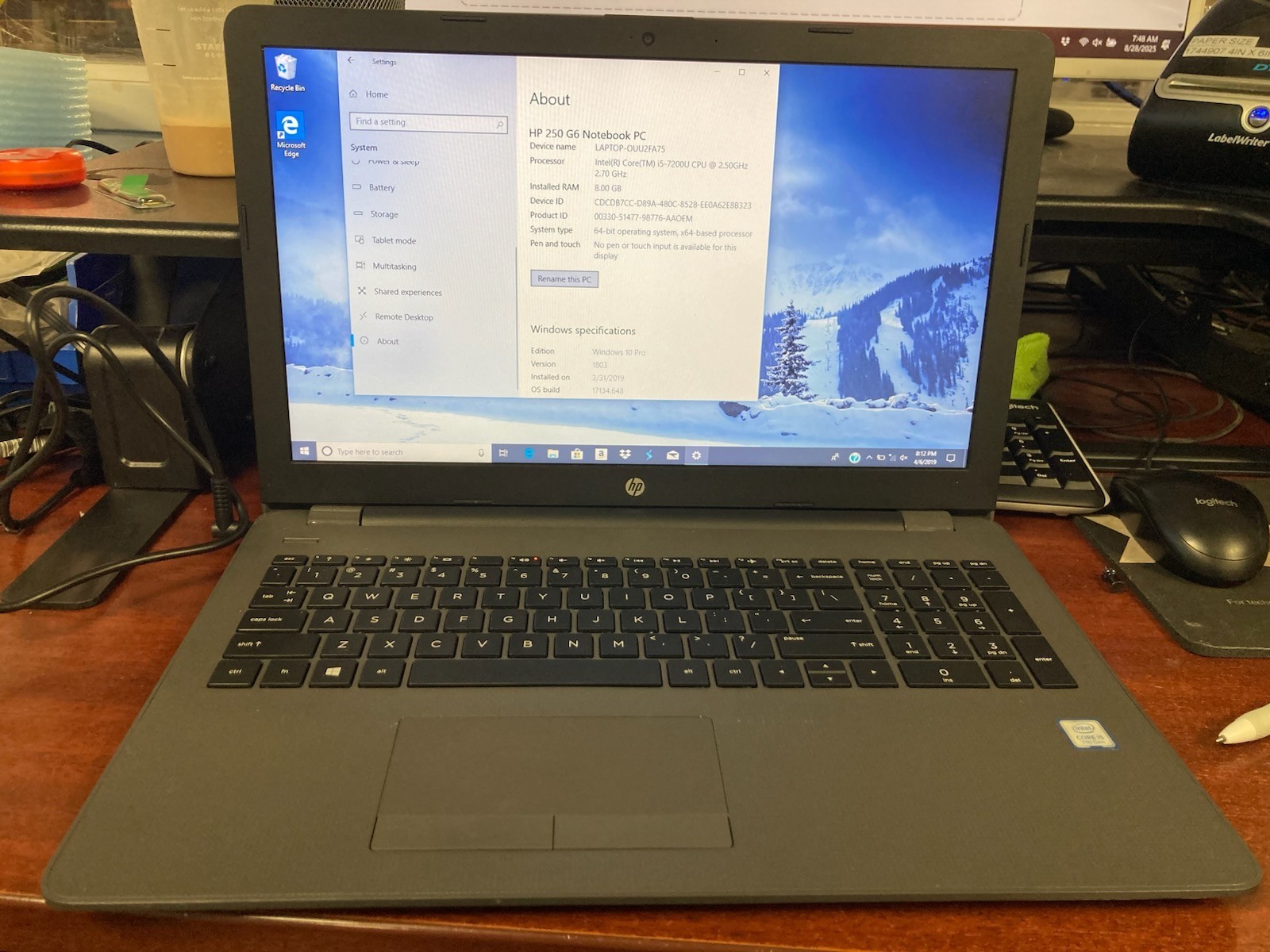 HP 250 G6 Notebook PC Core i5-7200u @ 2.50GHz 8GB RAM SN: CND8377ZCN