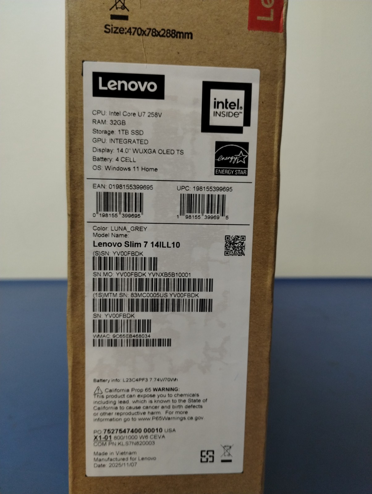 Lenovo Slim 7 14ILL10, Intel Core Ultra 7, 2.20 GHz, 32 GB RAM, 1 TB NVMe SSD