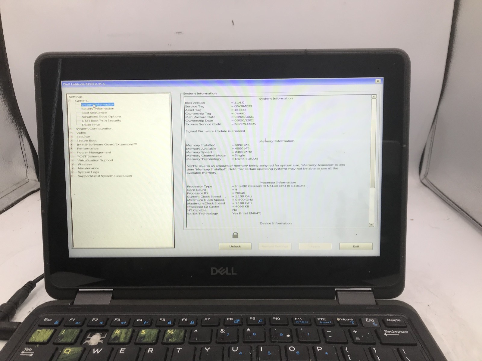 DELL LATITUDE 3190 -BOOTS TO BIOS/LOCKED- INTEL CELERON N4120 – 4GB RAM -READ-BB