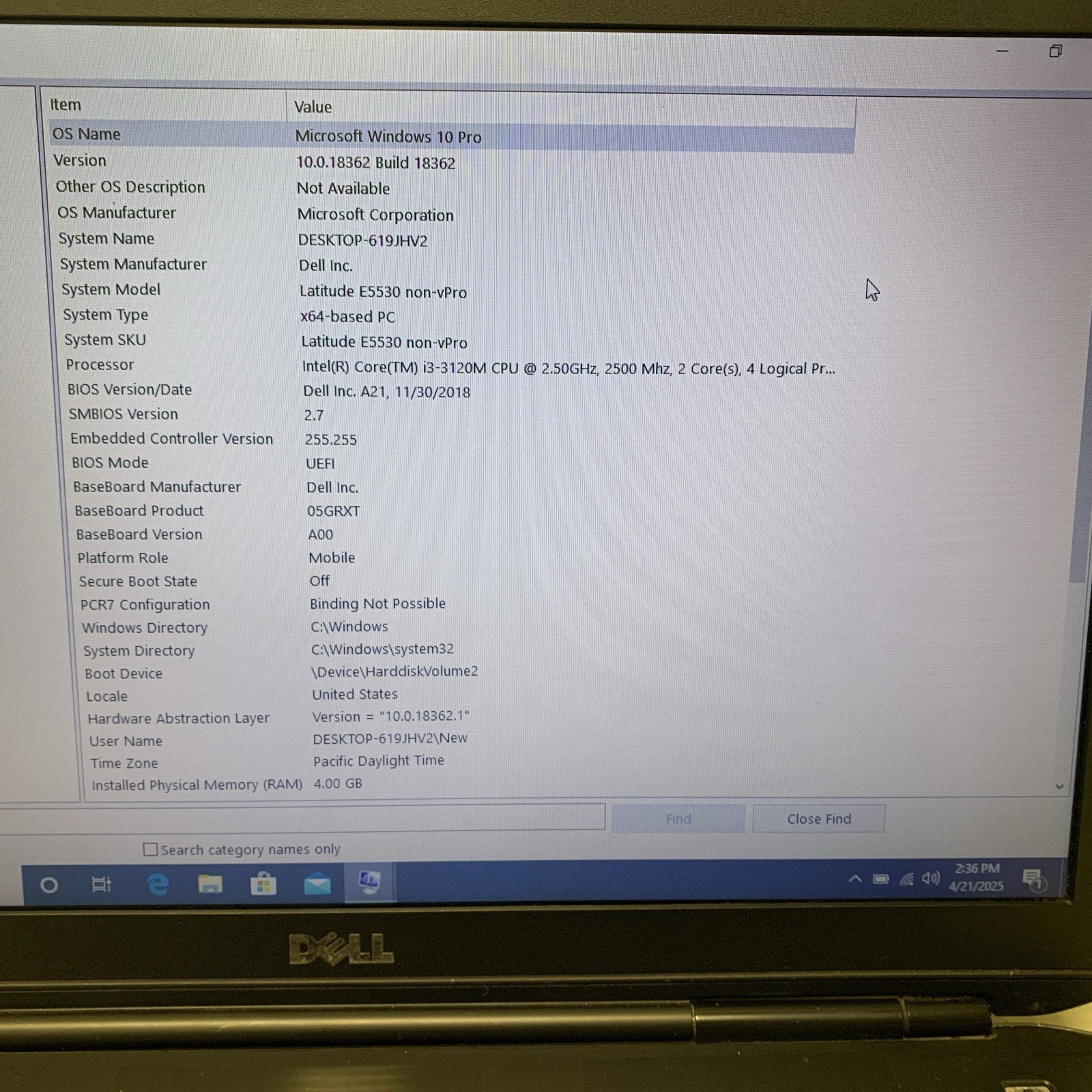 DELL LATITUDE E5530 INTEL i3-3120M 2.5ghz 4GB 128 Gb SSD Wind 10 Pro