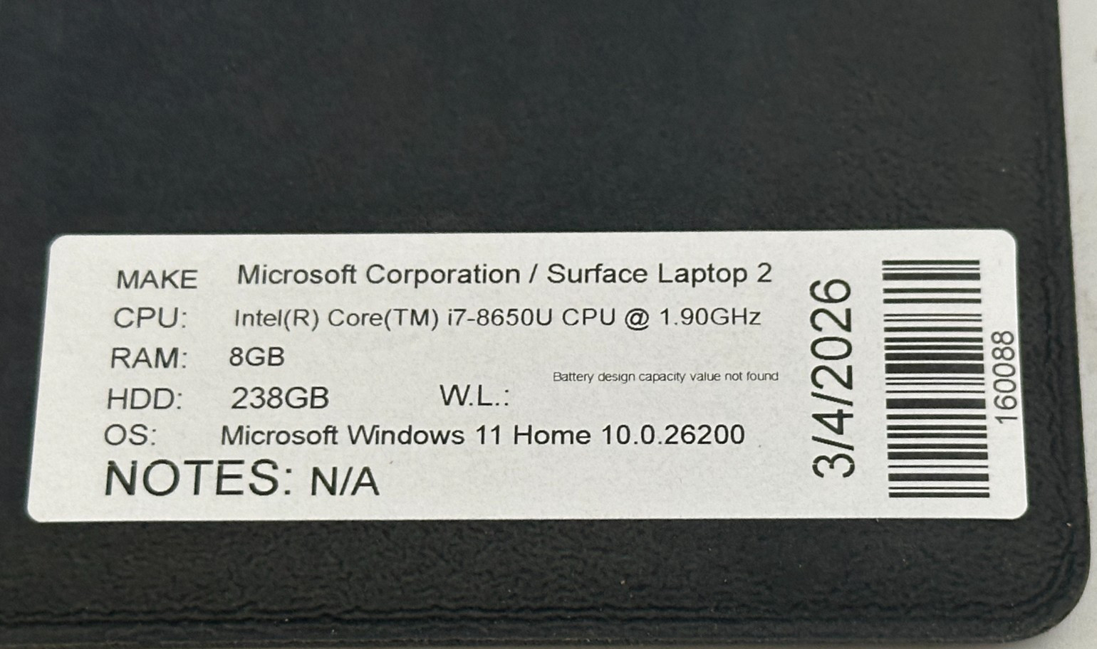 MICROSOFT SURFACE 2 LAPTOP i7-8650u @ 1.90 GHZ 8GB RAM 238GB SSD (lp684)