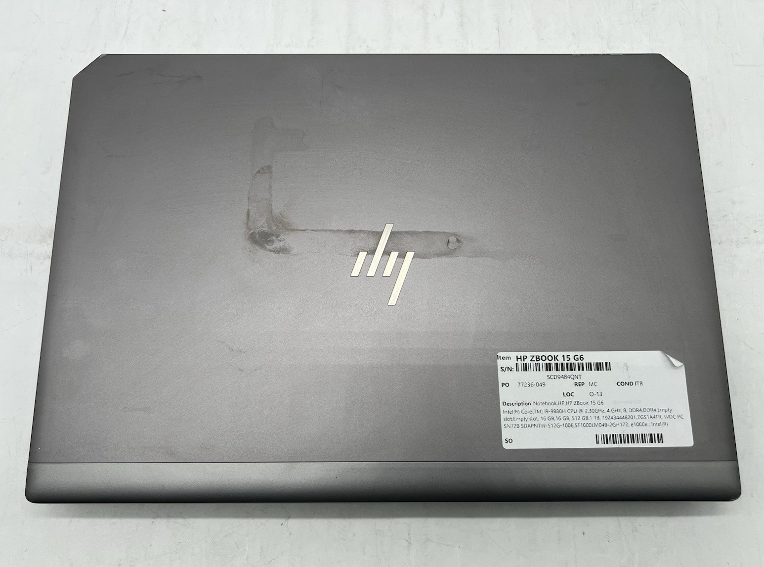 HP ZBook 15 G6, i9-9880H, @ 2.30GHz, 32GB RAM, 1TB HDD & 512GB NVMe-No OS/AC
