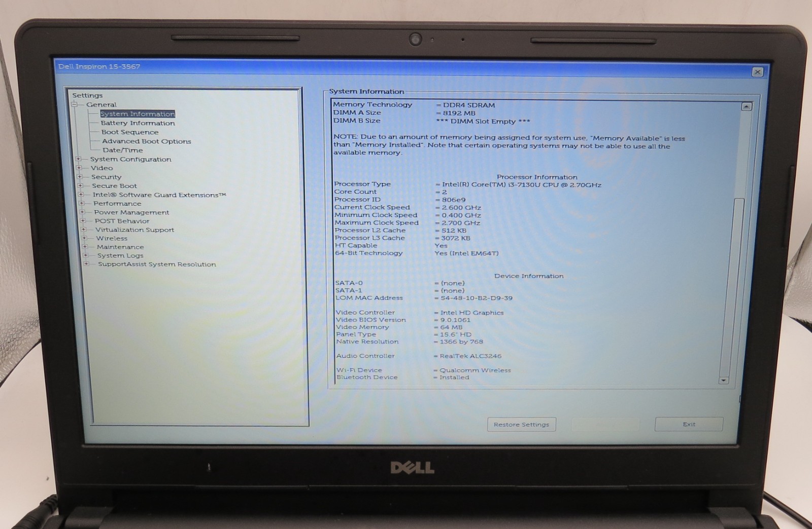 Dell Inspiron 15 3567-15.6″-i3-7130U@2.7GHz-8GB DDR4 RAM-NO STRG-NO OS **READ**