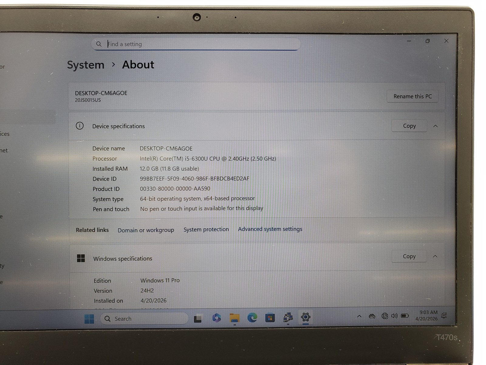 Lenovo ThinkPad T470s laptop, i5-6th 12GB RAM 256GB, Fingerprint Windows 11 pro