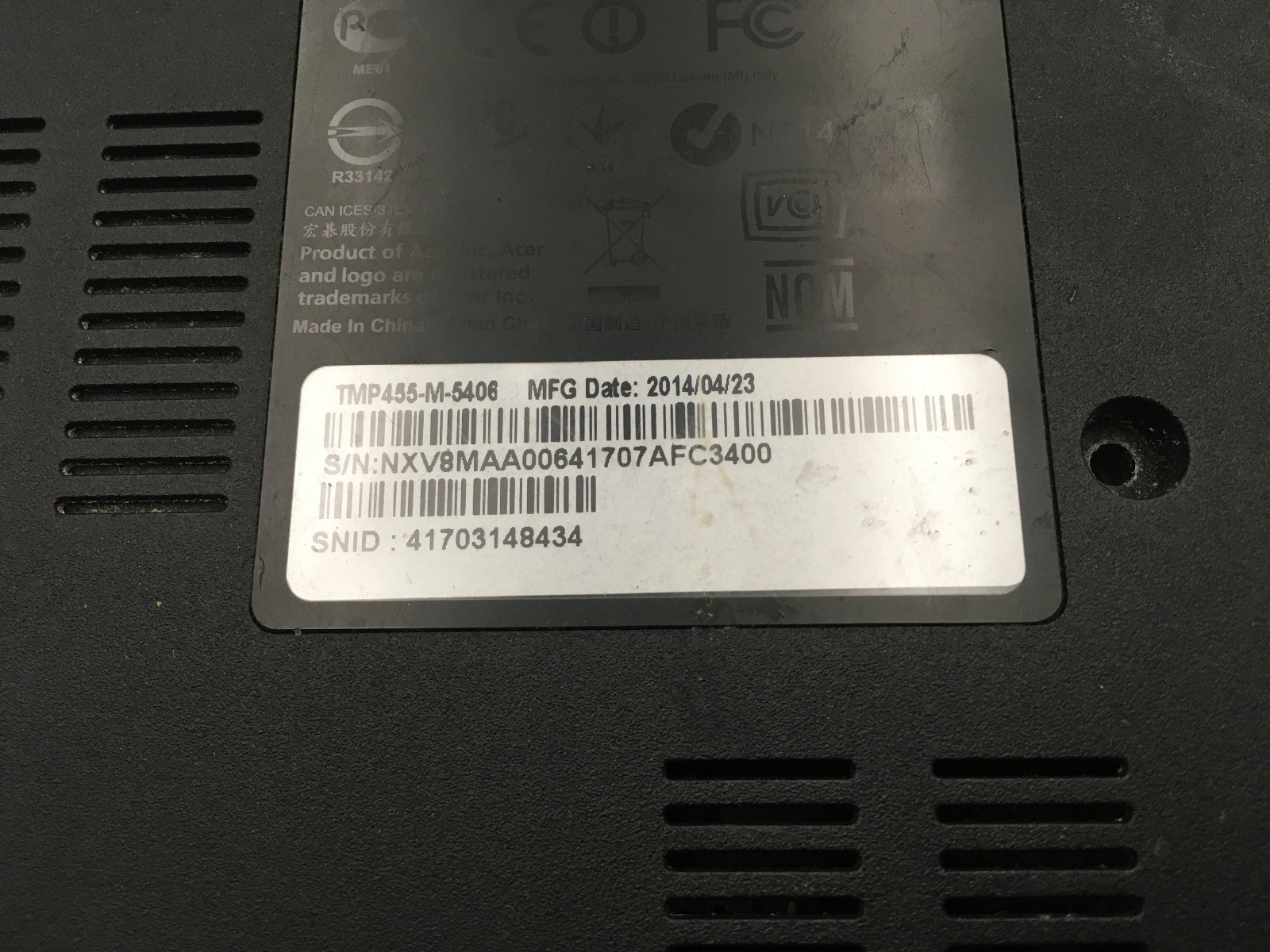 ACER TMP455 M 5406 – BOOTS TO BIOS – INTEL I5 4200U – NO RAM – 15″ -READ DESC-BB