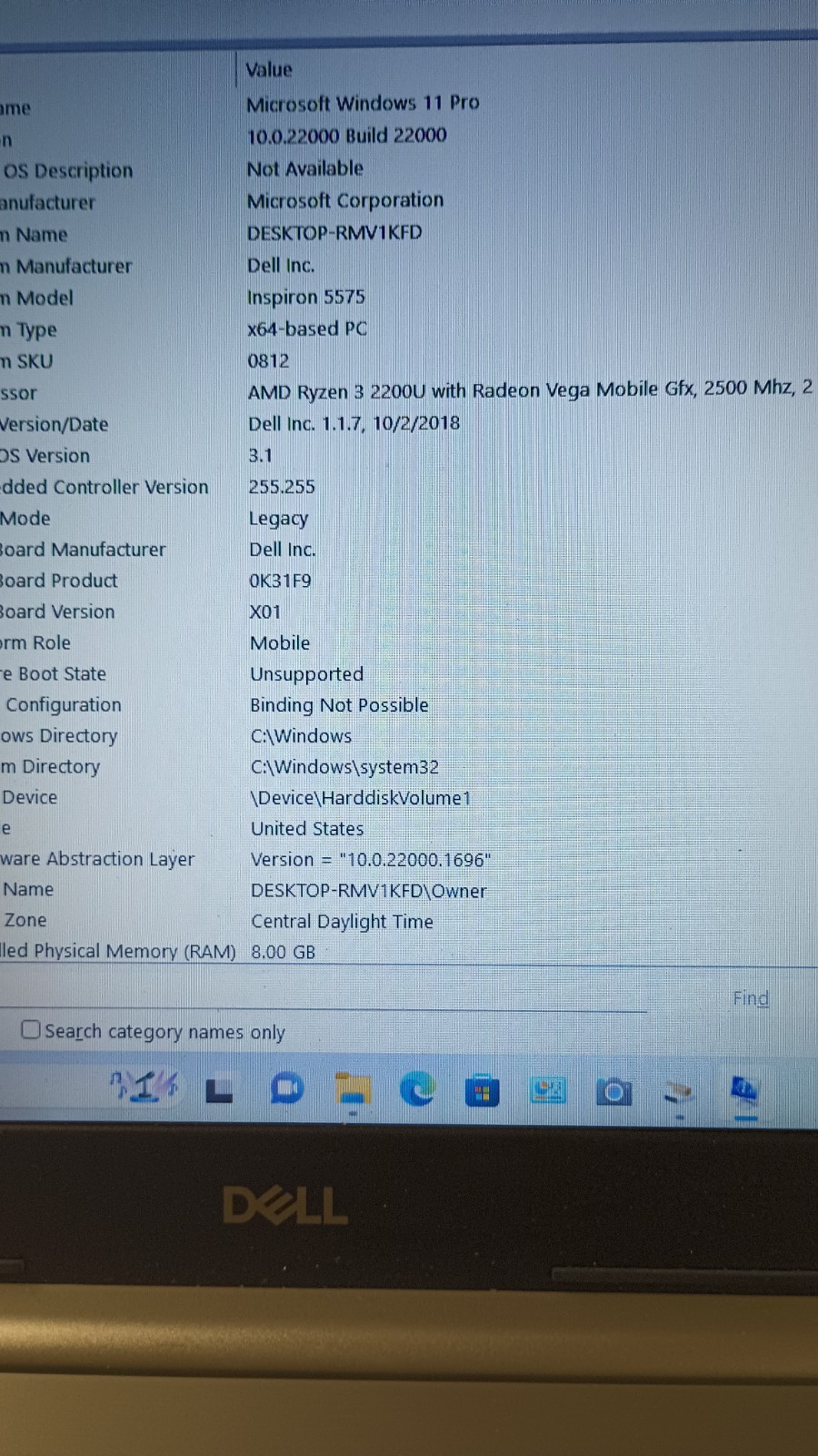 7194 Inspiron5575 w/charger.Ryzen3.8GB.128GB NVMe.15.6″.Radeon.Optical.W11.Nice!