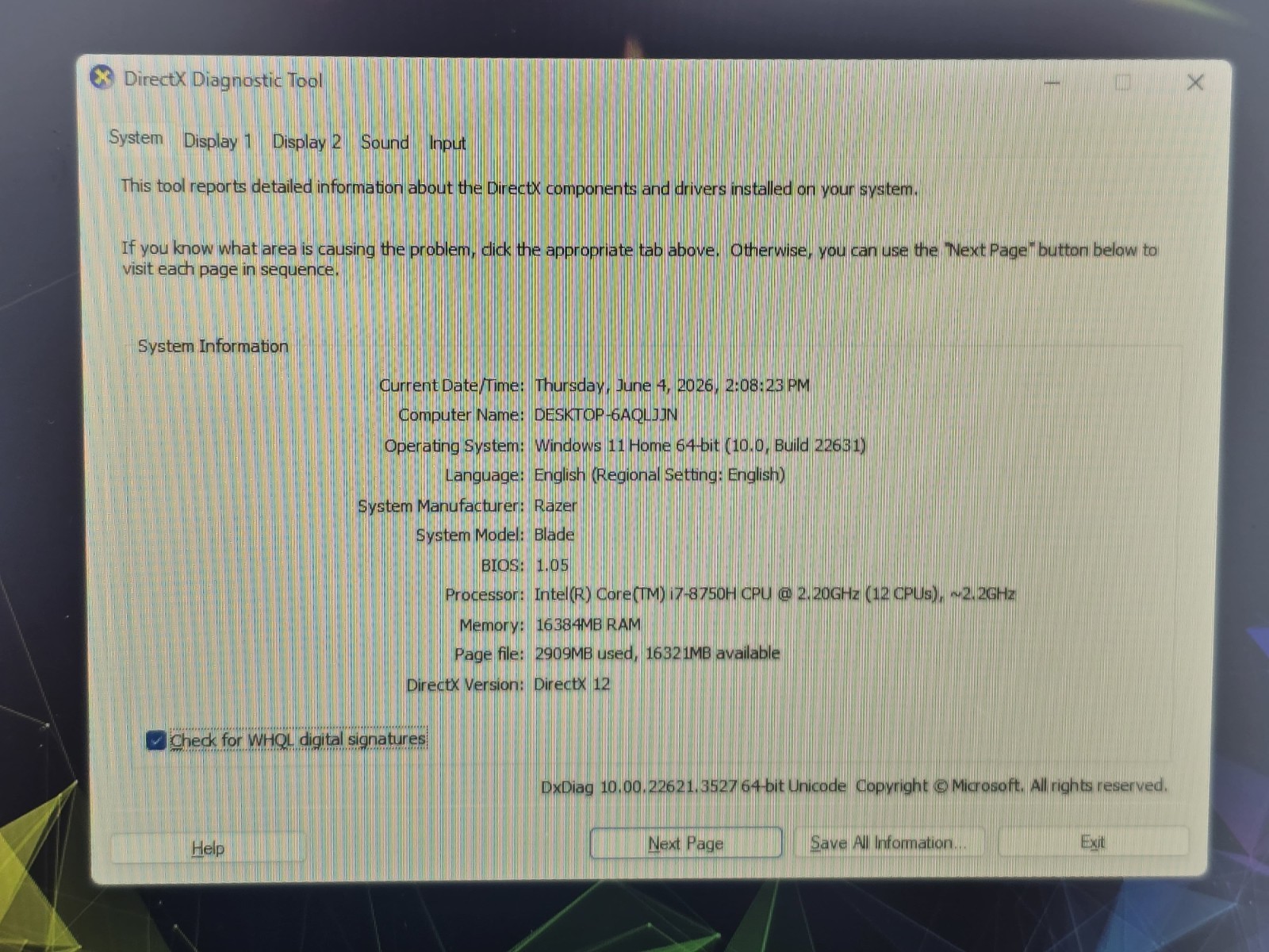 Razer Blade 15.6 inch 512GB SSD, Intel Core i7 8th Gen. 16GB Ram GTX 1070 Max-q
