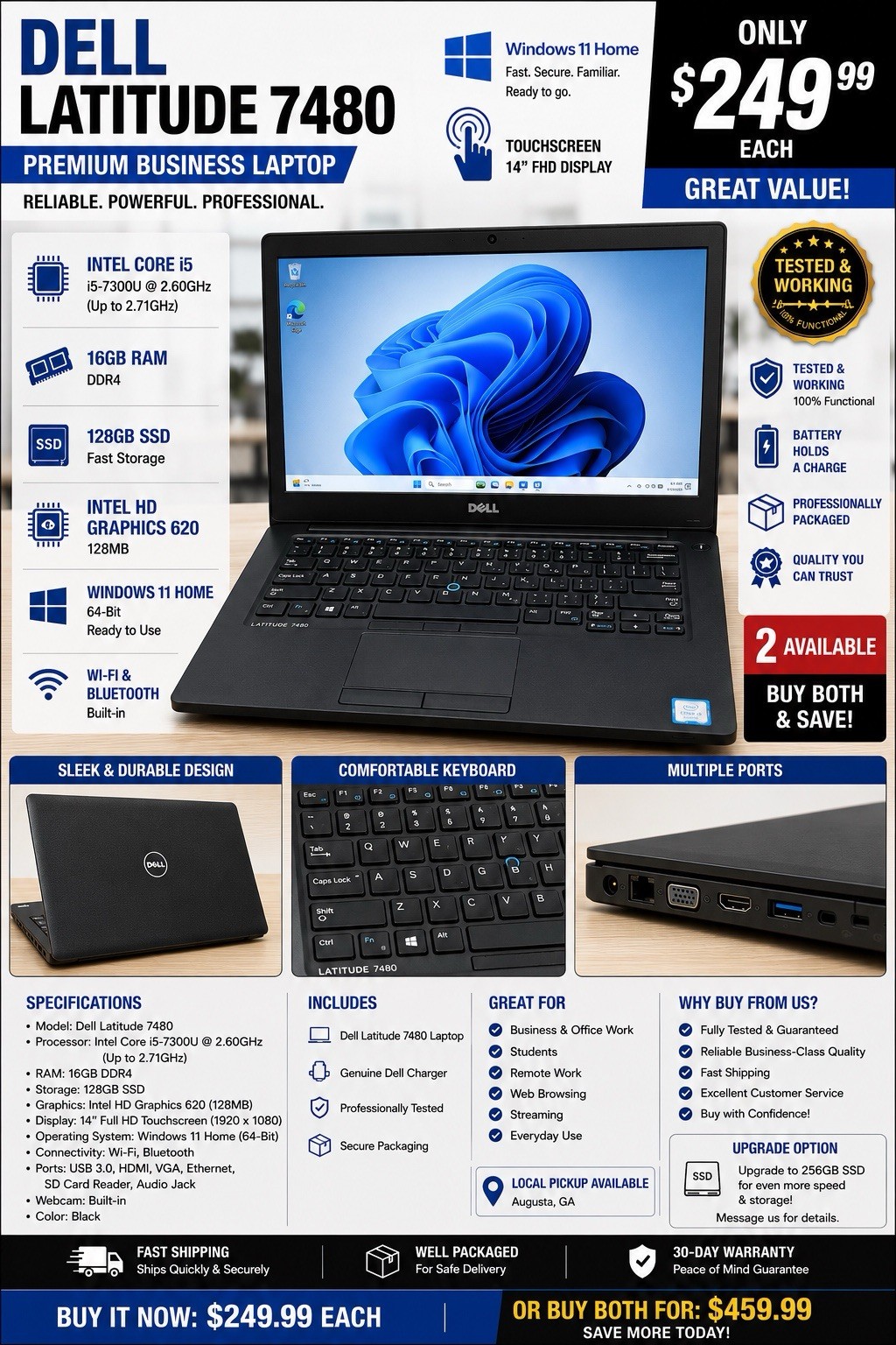 Dell Latitude ‎E7480 (128GB SSD, Intel i5-7300U, Touchscreen , 16GB RAM) Win11