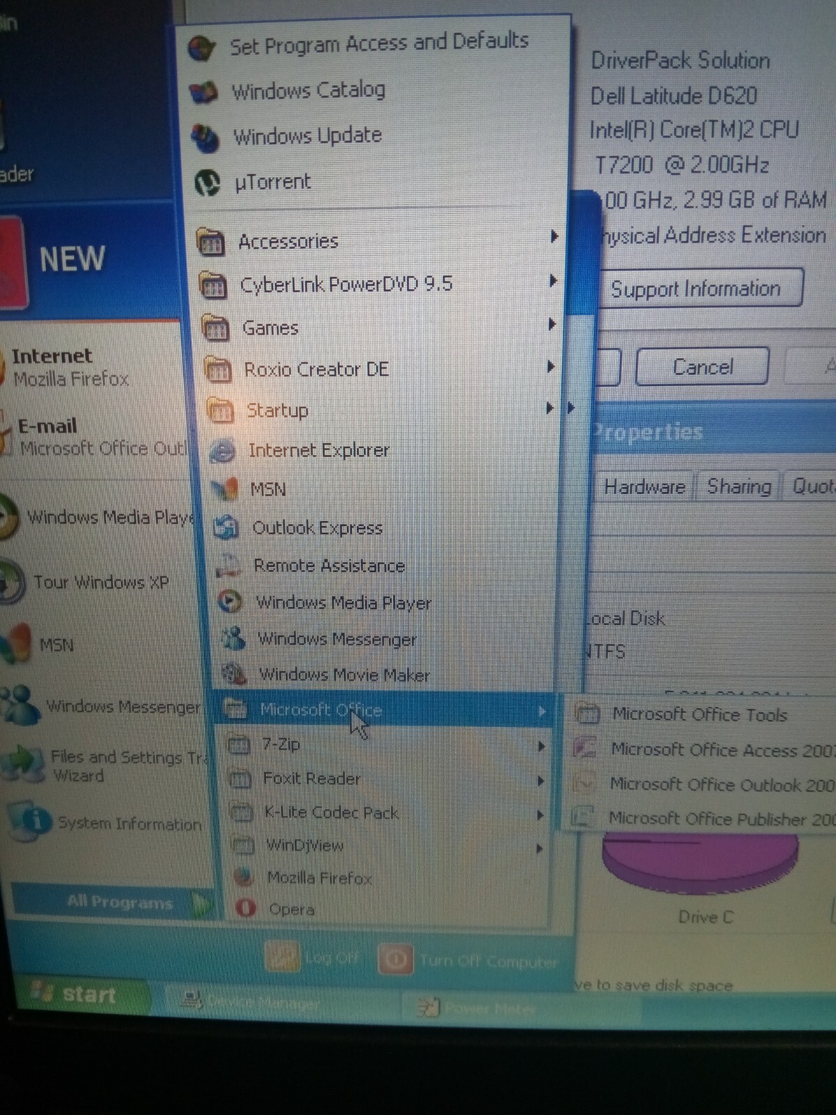 DELL LATITUDE D620 T7200 2.00GHZ 3GBRAM 500GBHDD WINXPSP/3 1440×900 office2007