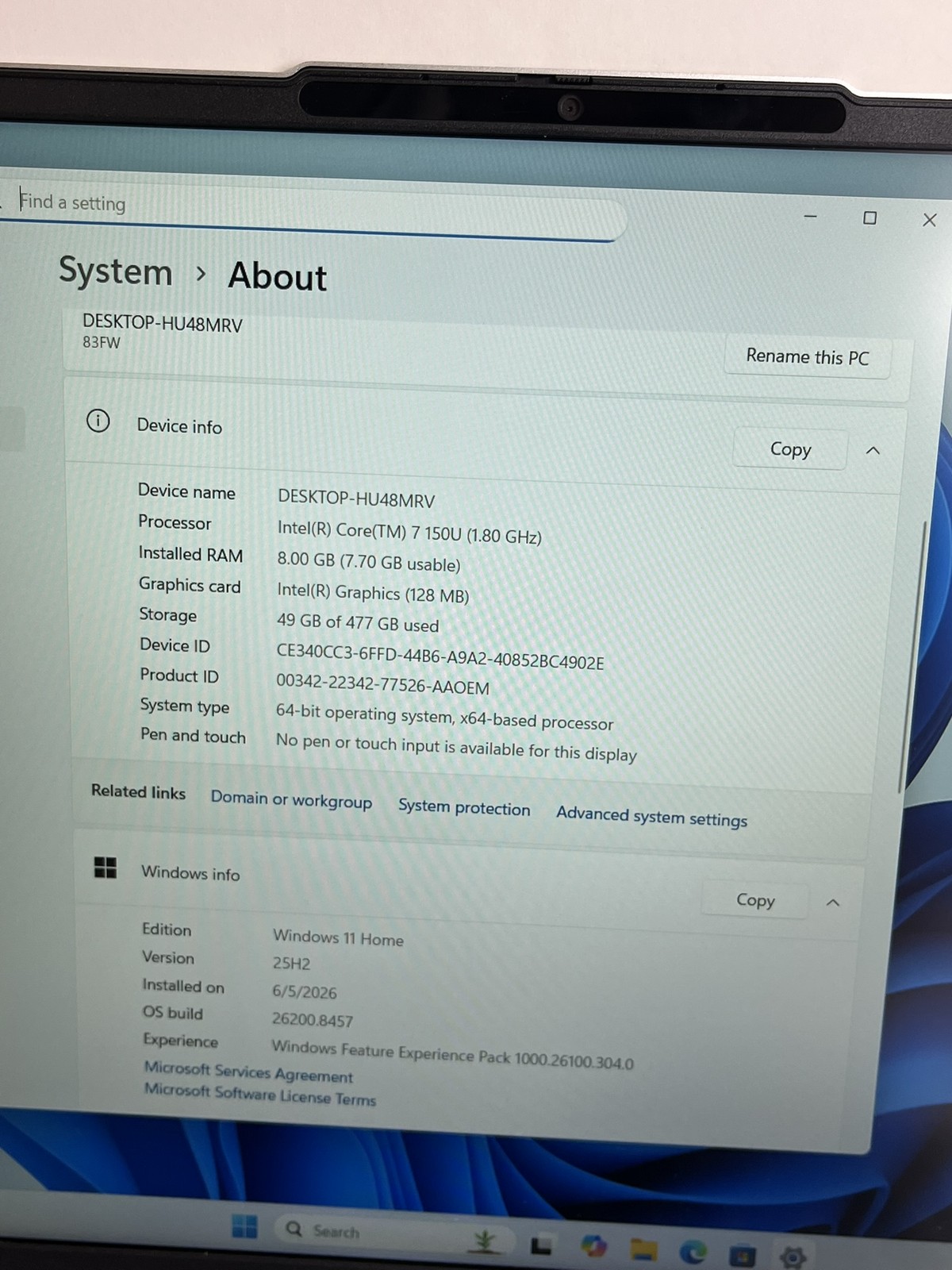 Lenovo IdeaPad Slim 5 16IRU9 16in Intel Core 7 150U 1.8GHz 8GB RAM 512GB WIN11