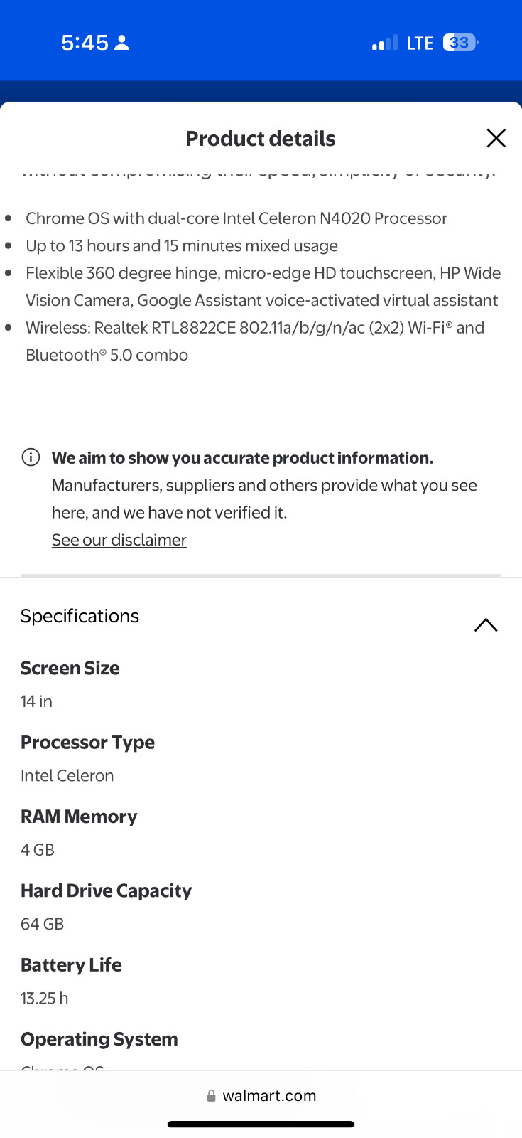 HP Chromebook 14a-ca0130wm 14″ (32GB eMMC, Intel Celeron N4020, 1.10 GHz,…