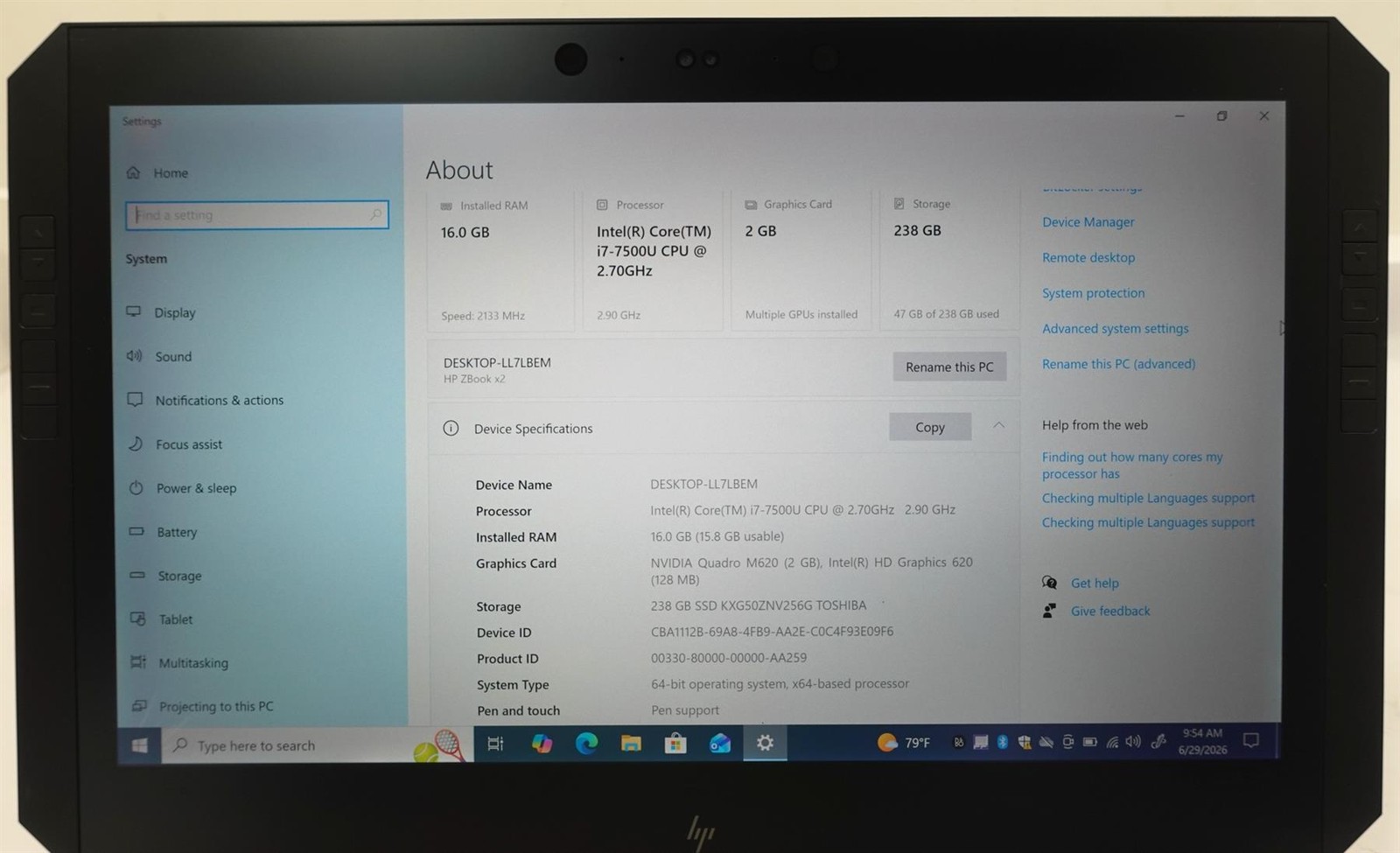 HP ZBook X2 G4 14″ Core i7-7500U 2.70GHz 16GB 256GB SSD