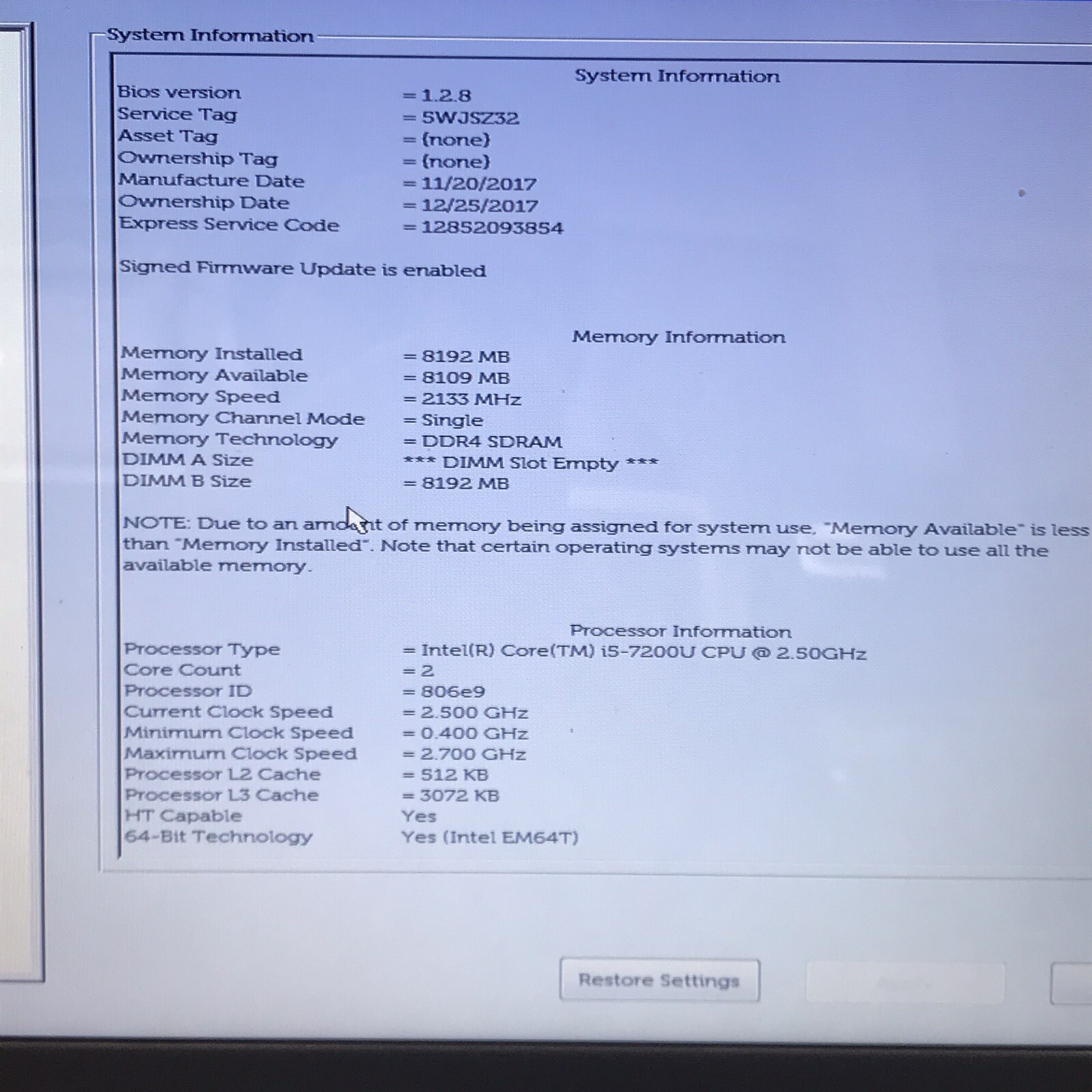 Dell Inspirion 5567 15.6″ Laptop i5-7200U 8GB RAM No HDD Boots/Bios No OS H2587