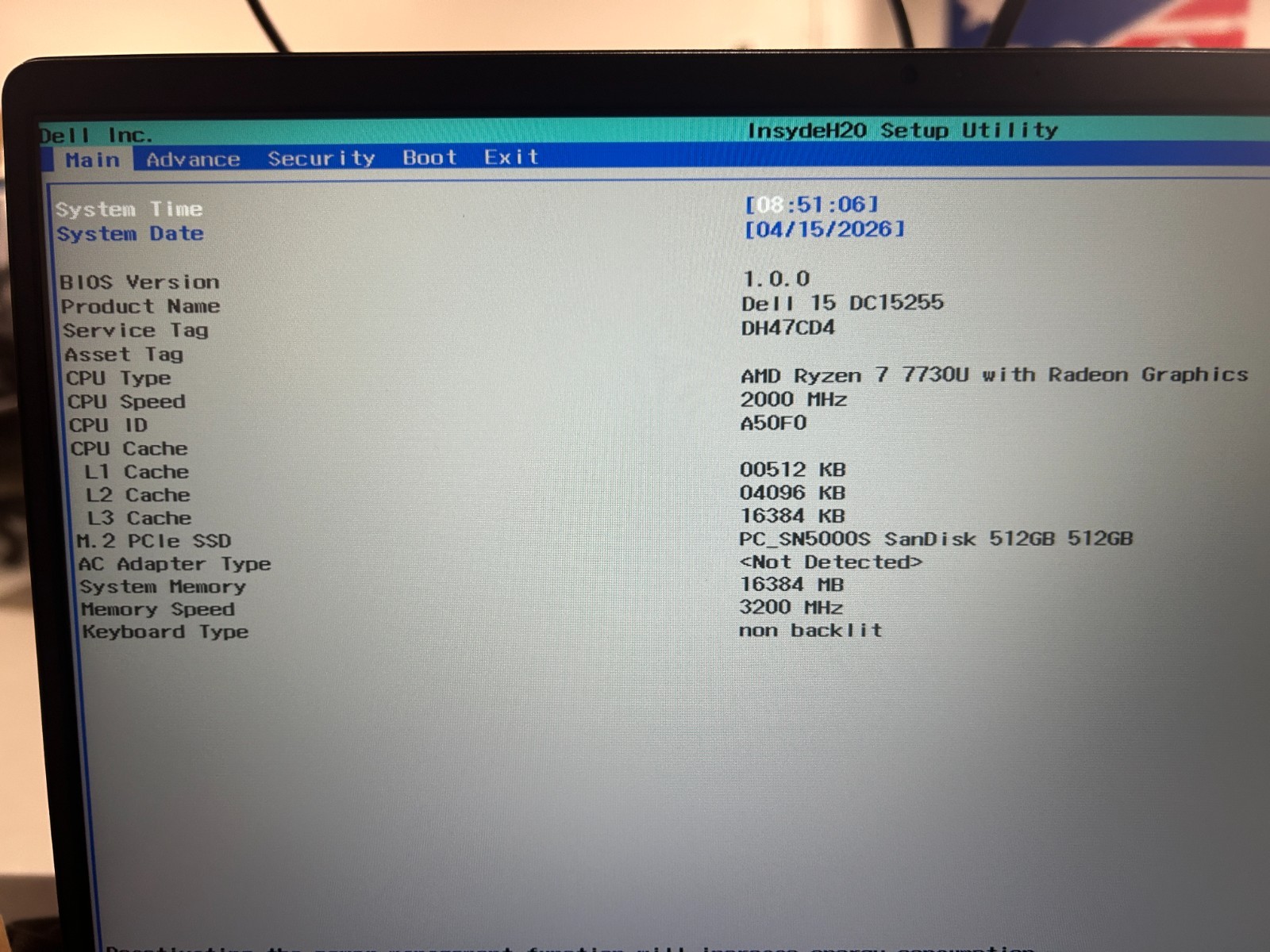 DELL 15 DC15255 G8MK9, AMD Ryzen 7 7730U, 2.00 GHz, 16 GB RAM, 512 GB NVMe SSD