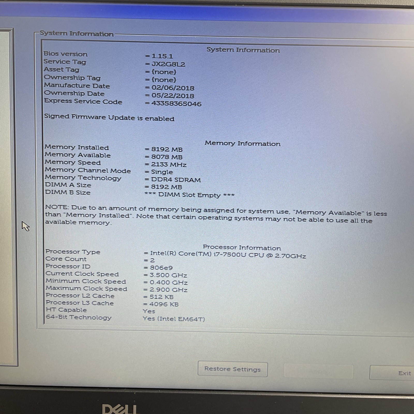 Dell Latitude 3580 15.6″ i7-7500U 2.70 GHz 8 GB RAM No SSD/OS/AC/Battery