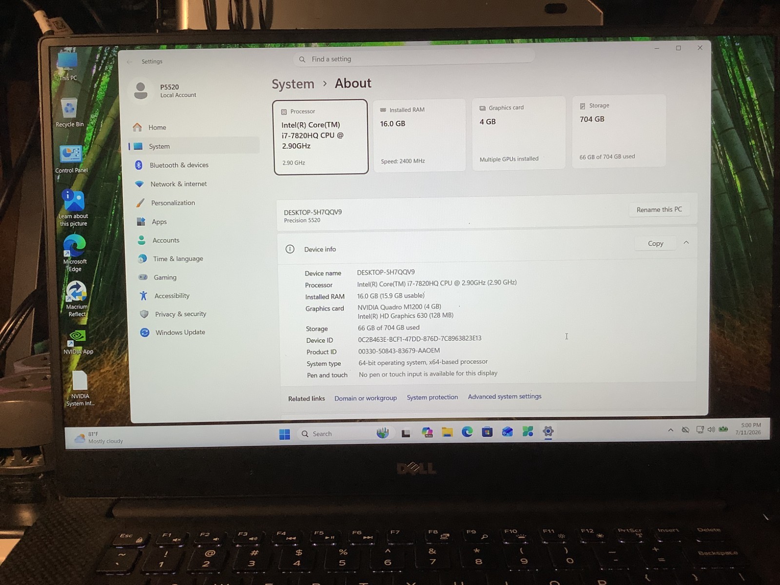Dell Precision 5520 Nvidia M1200, i7-7820HQ, 16GB – 256GB + 500 Windows 11 Pro