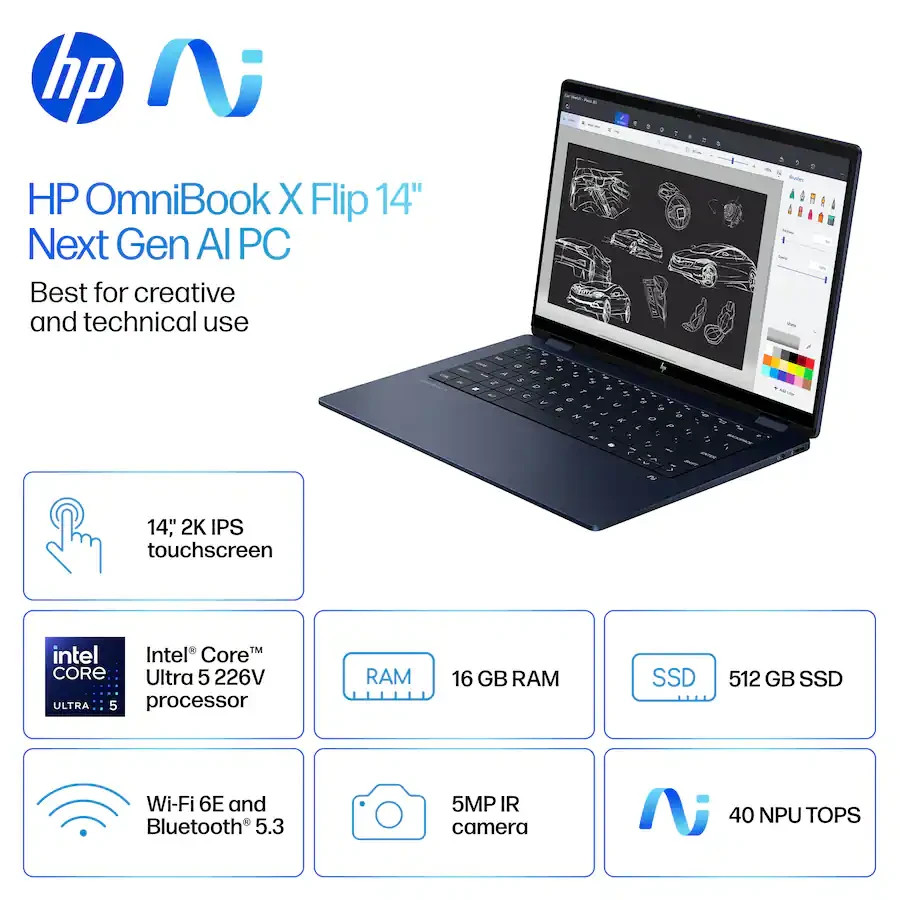 HP – OmniBook X Flip 2-in-1 – Copilot+ PC – 14″ 2K Touch-Screen Laptop – Intel C