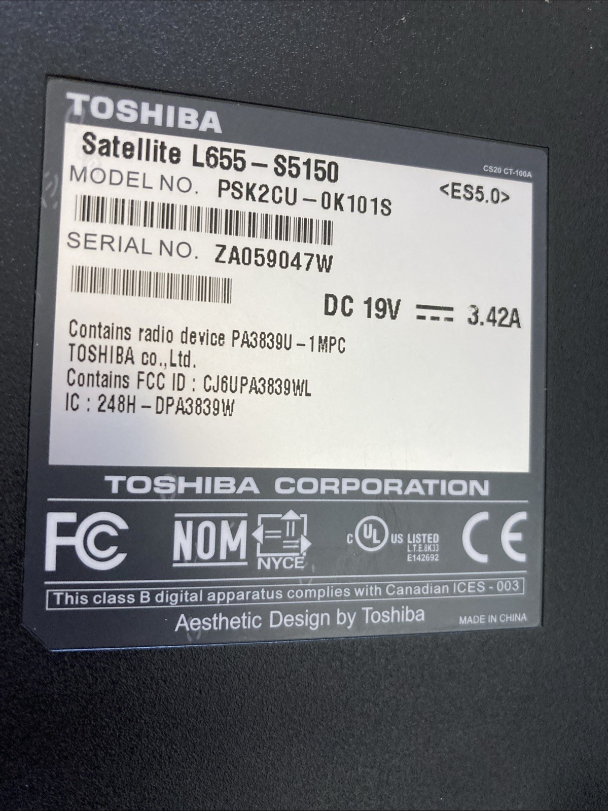 Toshiba Satellite L655-S5150 Parts Only! Read Computer & Power Cord