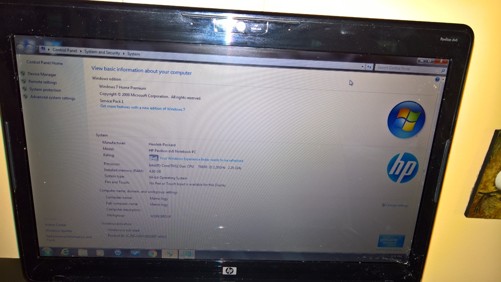 HP Pavilion dv6 Notebook Laptop PC, Windows 7, 4 GB RAM, 64-bit, Runs