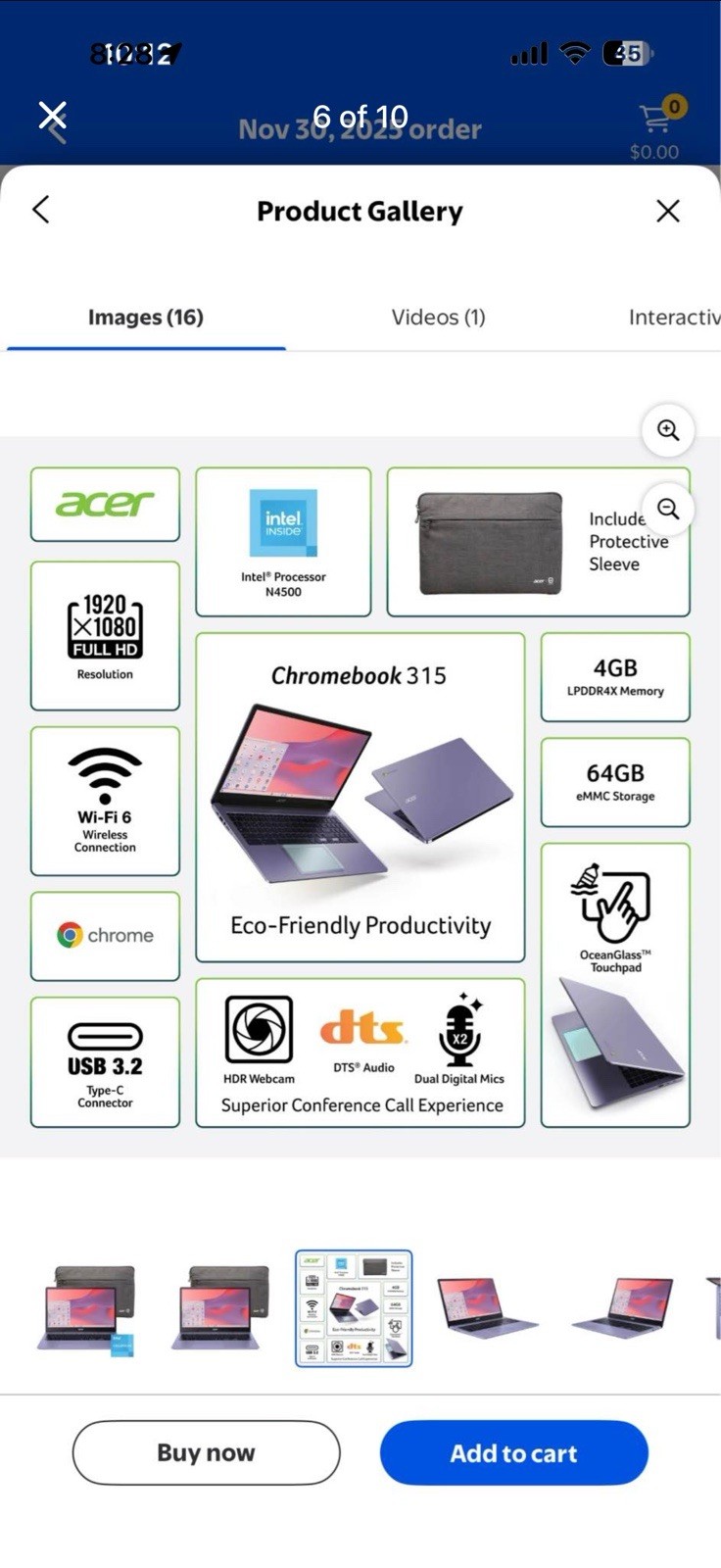 Acer 15 .6 silver Solid Laptop with Sleeve Case w/ Zipper Closure AcerChromebook