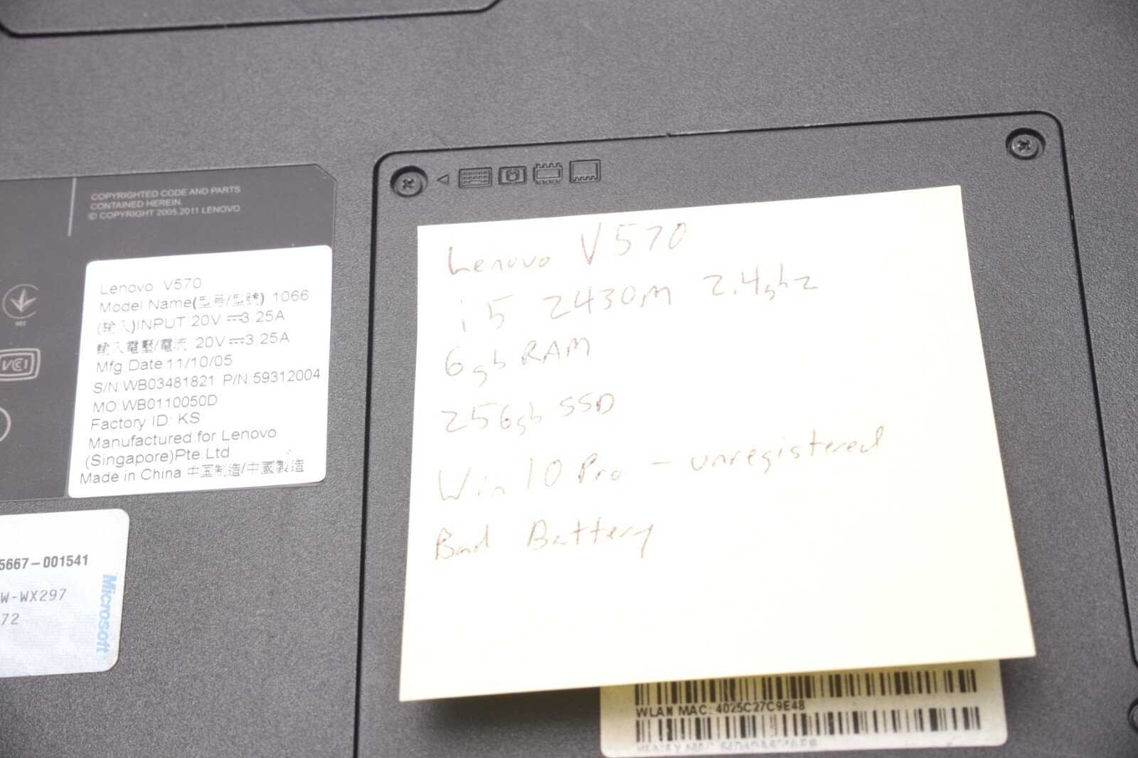 Lenovo V570 Intel i5-2430M 2.4 GHz 6GB RAM 250gb SSD 15.6″ Win10 BAD BATTERY 071