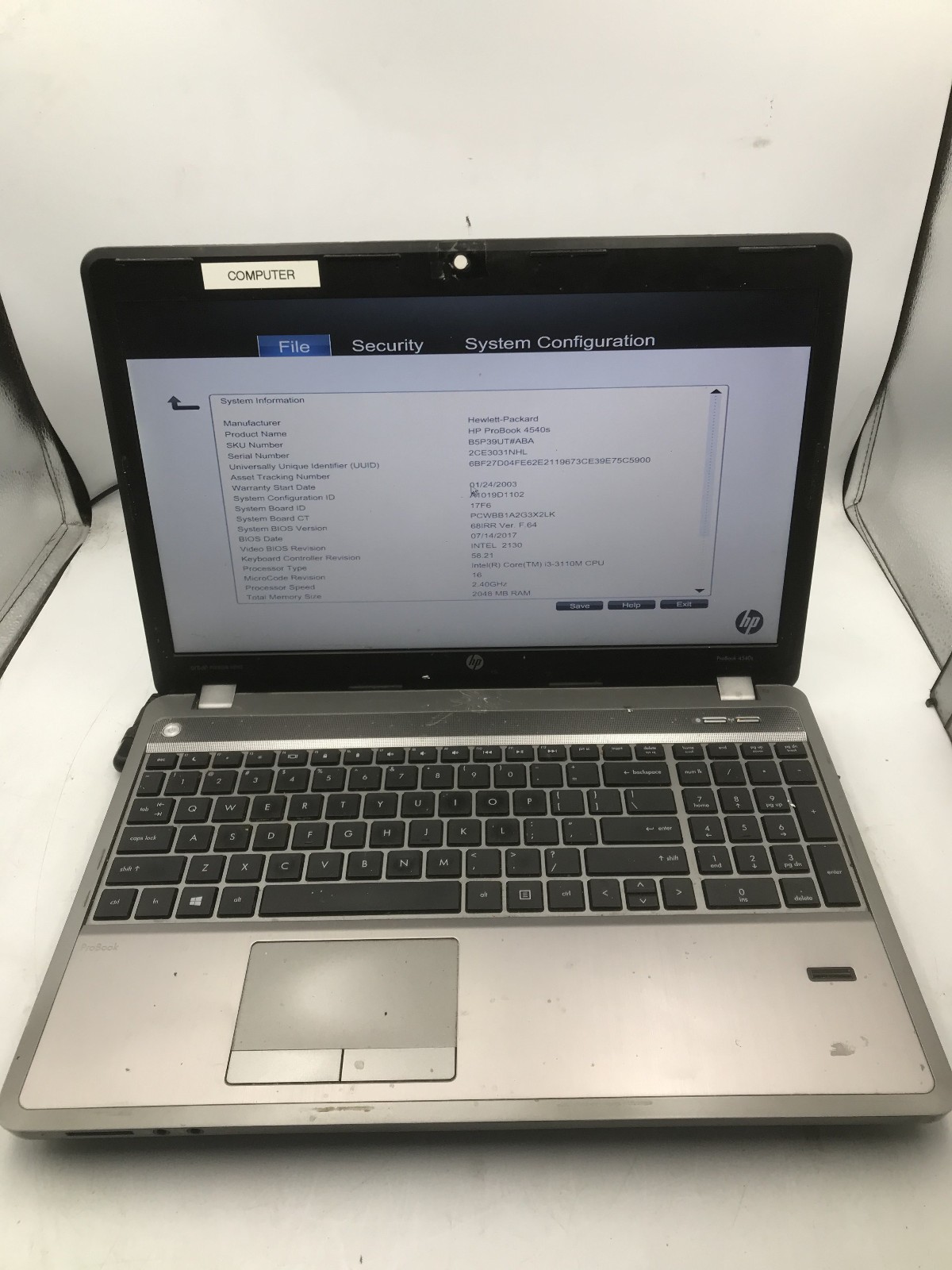 HP PROBOOK 4540S – BOOTS TO BIOS – INTEL I3 3110M – NO RAM – READ DESCRIP – BB!