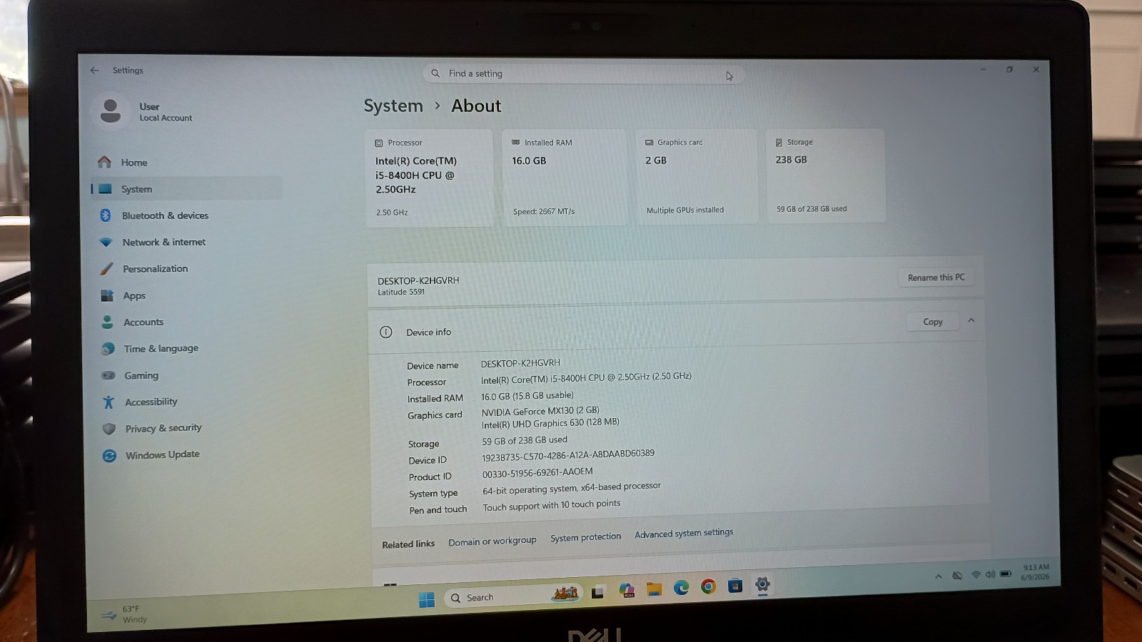 Dell Latitude 5591. i5-8400H, Nvidia MX130, 16GB ram, 256GB SSD, Wifi / BT