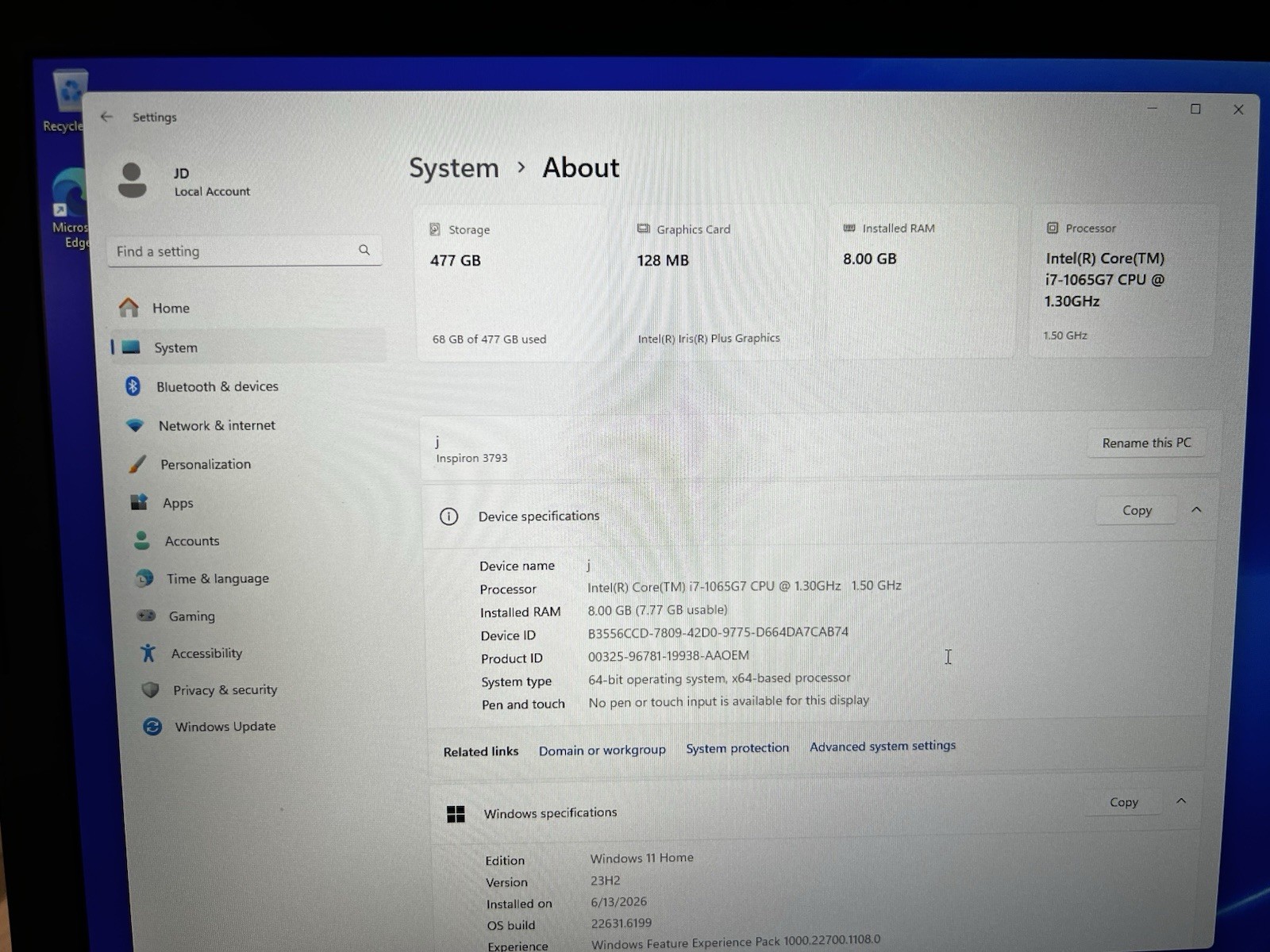 Dell Inspiron 3793 17.3″ Intel i7-1065G7 8GB Ram 512GB SSD Windows 11
