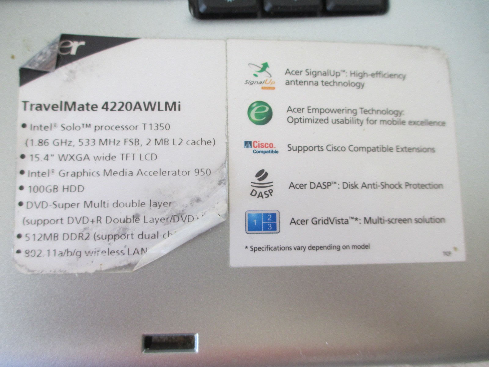 Acer Travelmate 4220AWLMI Laptop 1GB, Intel Solo 1.86GHz, NO HARD DRIVE, 4 PARTS