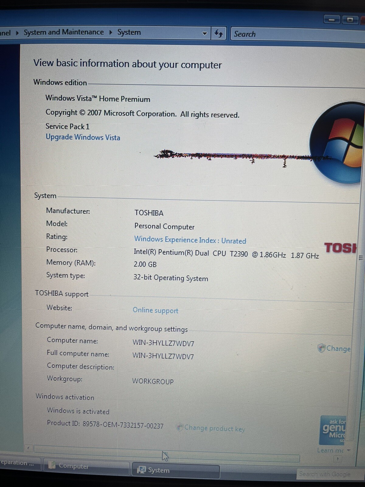 15.4” Toshiba Satellite L300-129 Laptop 2GB RAM 160GB HDD Windows VISTA 4 PARTS!