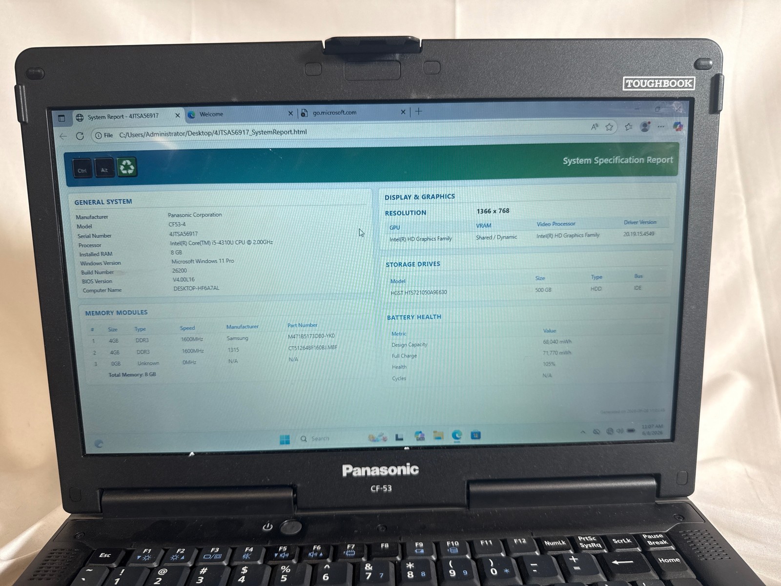 Panasonic CF53-4 i5-4310U 8GB 500GB HDD 14″ 100% Batt registered