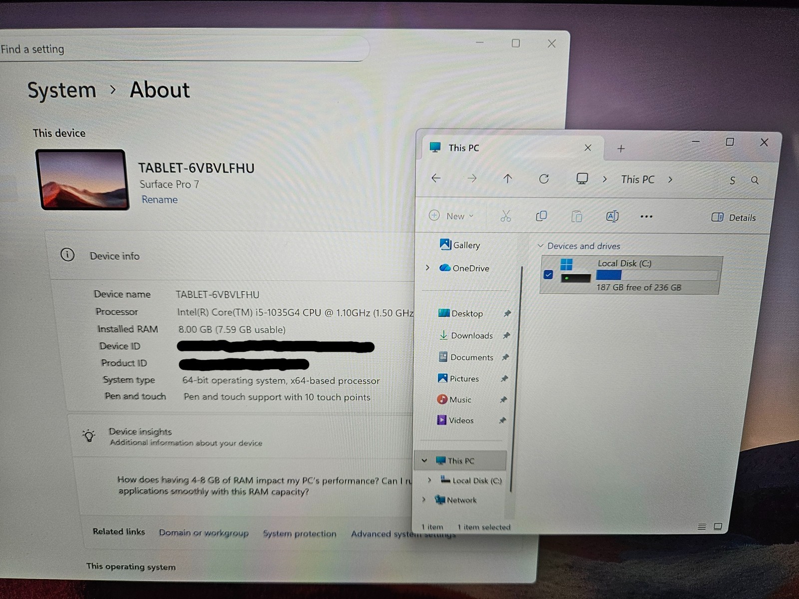 Microsoft Surface Pro 7 1866 Core i5-1035G4 1.10GHz 8GB 256GB Tablet Only