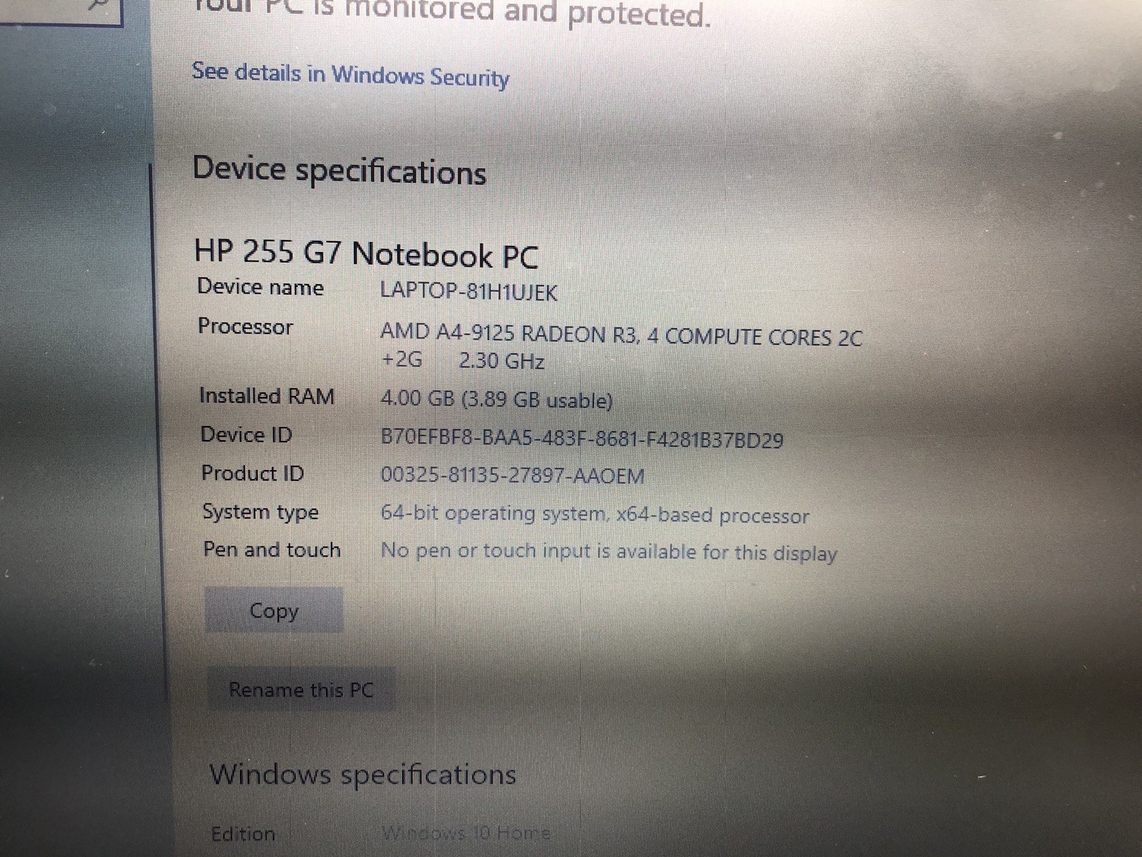 HP Notebook 255 G7 AMD A4-9125 Radeon R3 2.30GHz 4GB RAM 120GB SSD with Adapter