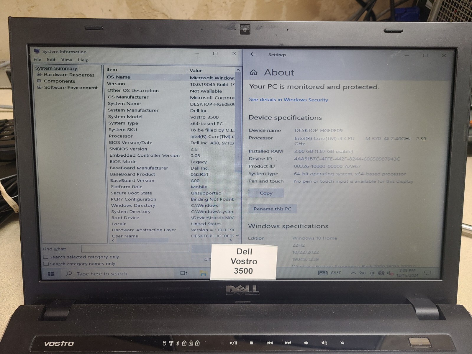 Dell Vostro 3500 15.6″ screen assembly