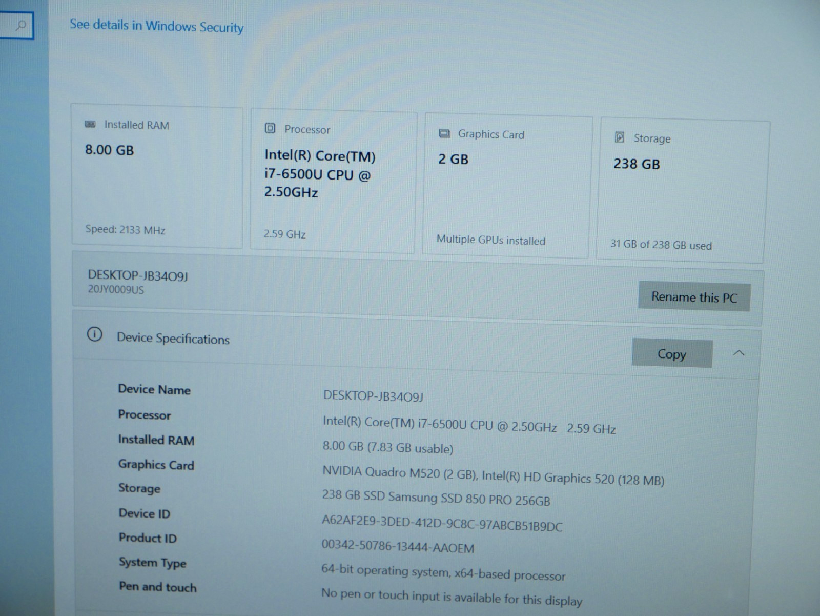 Lenovo ThinkPad P51s Intel i7-6500U @2.5GHz 8GB 256GB Quadro M520 15″ Laptop#C33