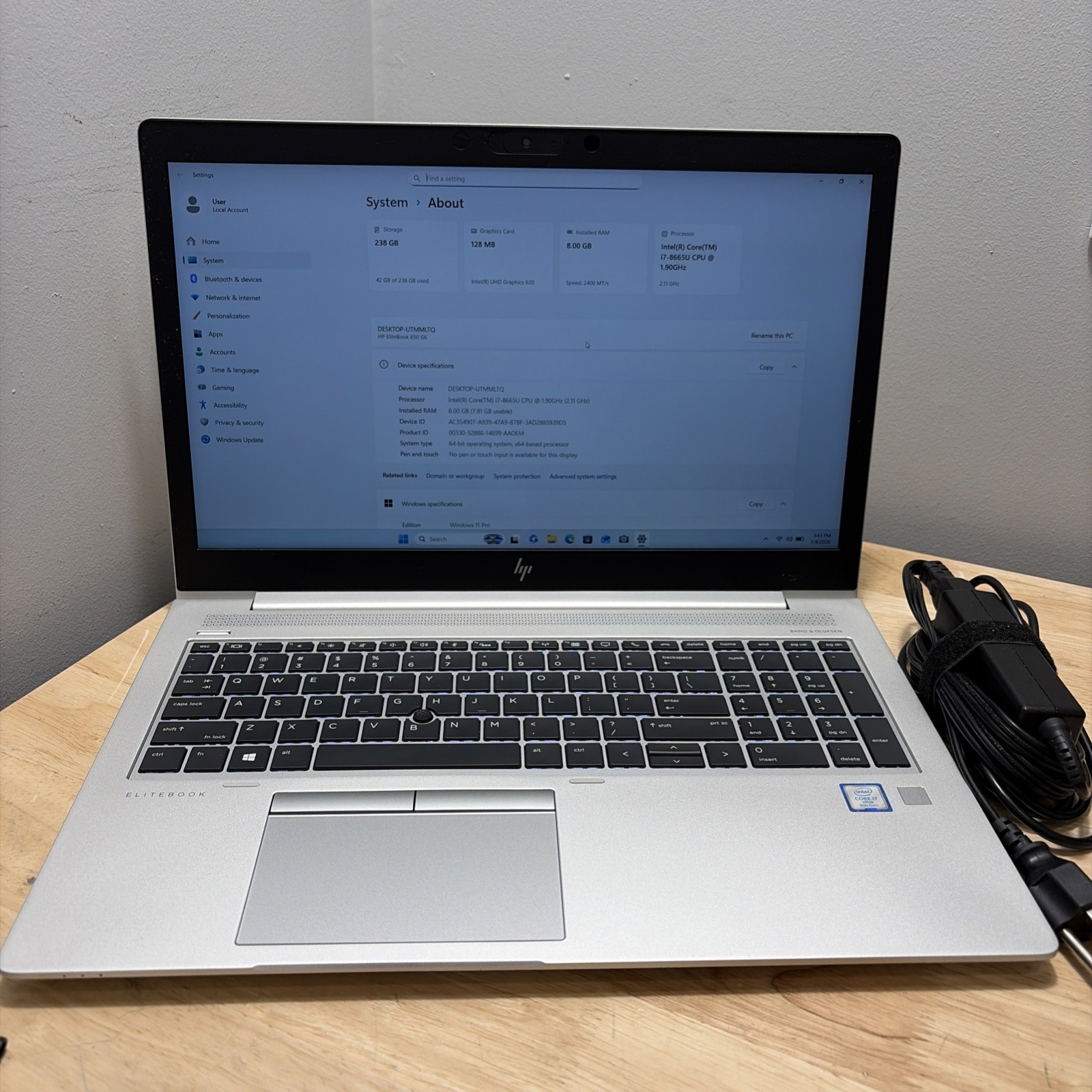 HP EliteBook 850 G6 CORE I7-8665u 1.90GHZ 8GB 256GB SSD WCAM WIFI W11 & CORD