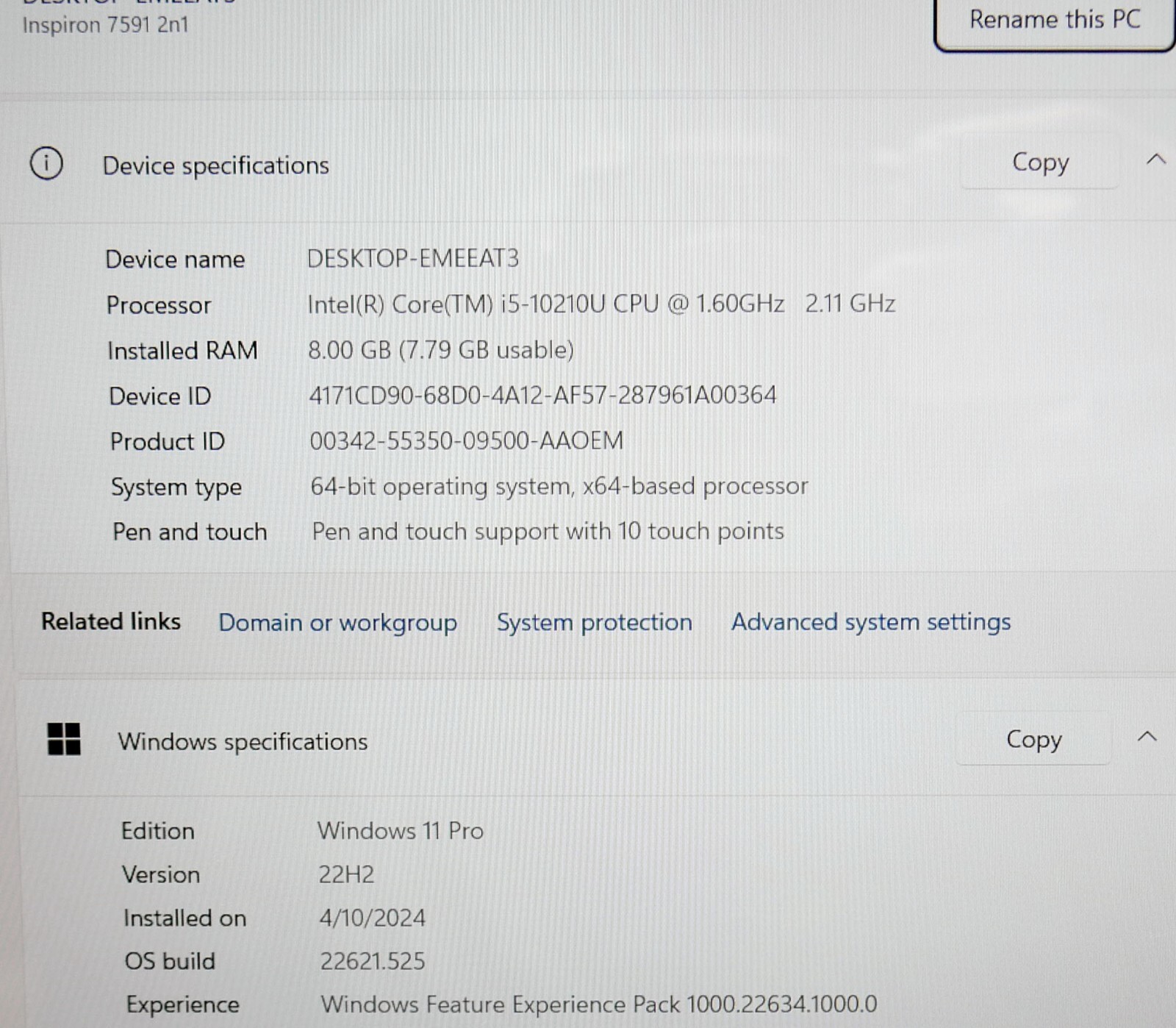 Dell Inspiron 15 7591 15.6″ 2-n-1 touchscreen Core i5-10210U 1.6GHz 8gb 512gb 11