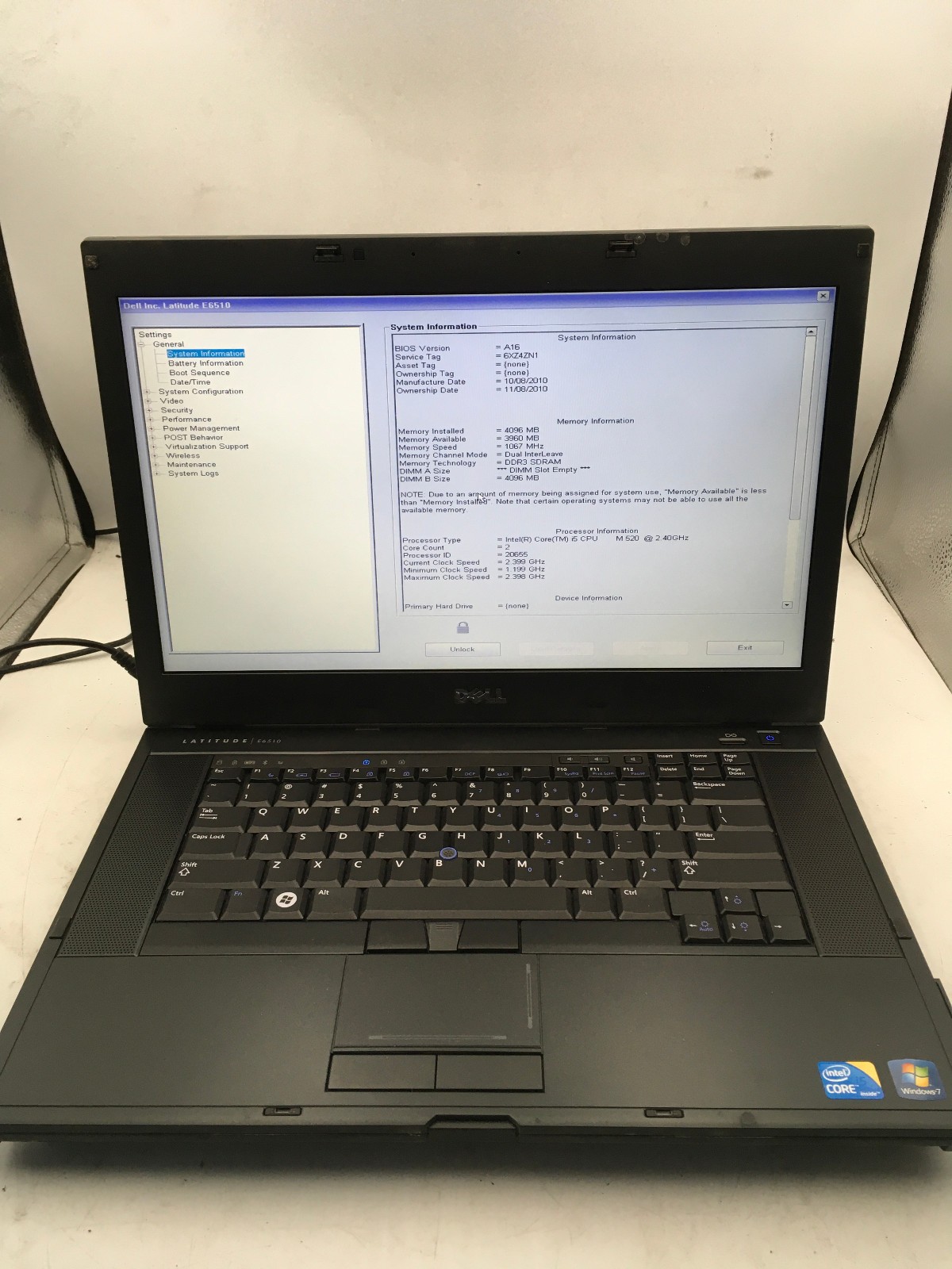 DELL LATITUDE E6510 – BOOTS TO BIOS/LOCKED – INTEL I5 M520 – NO RAM – READ – BB!