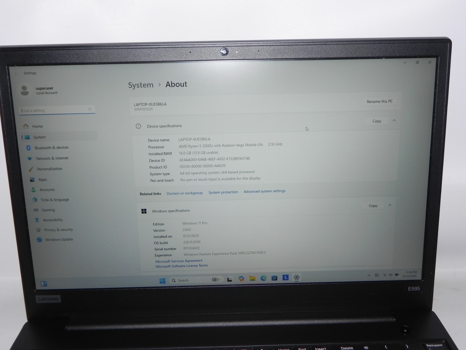 Lenovo ThinkPad E595 15.6″ Windows 11 AMD Ryzen 5-3500 2.1GHz 16GB RAM 256SSD