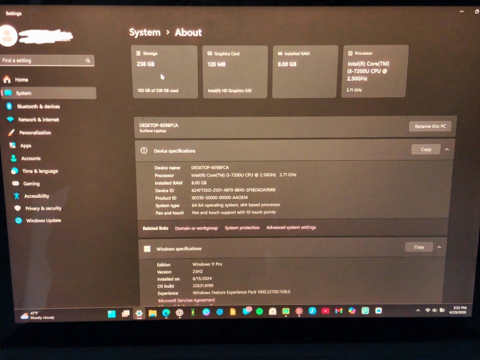Microsoft Surface Laptop 13.5″ Intel Core i5-7200U 8GB 238GB SSD Blue w/ Charger