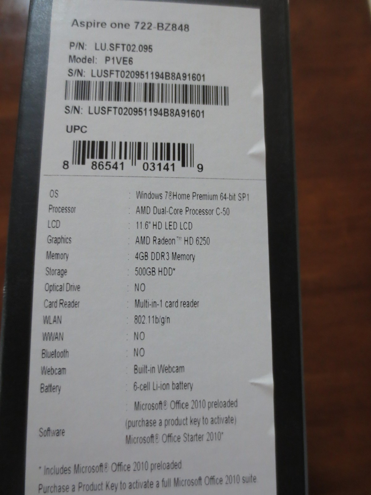 Acer-Aspire One 722-BZ848 500GB HDD with Charger and Box 11.6″ HD LED LCD