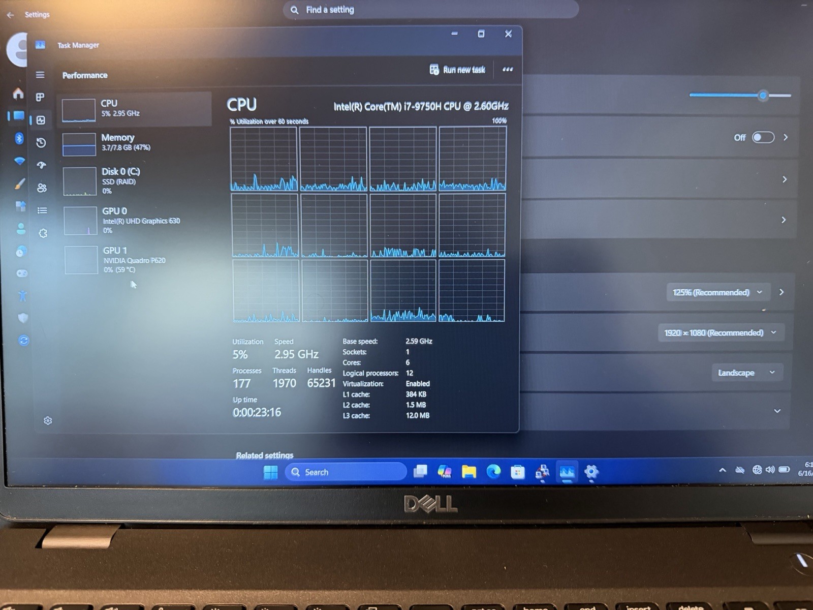 Dell Precision 3541 INTEL CORE I7-9750H 8GB RAM 256GB NVME 15.6 IN QUADRO P620