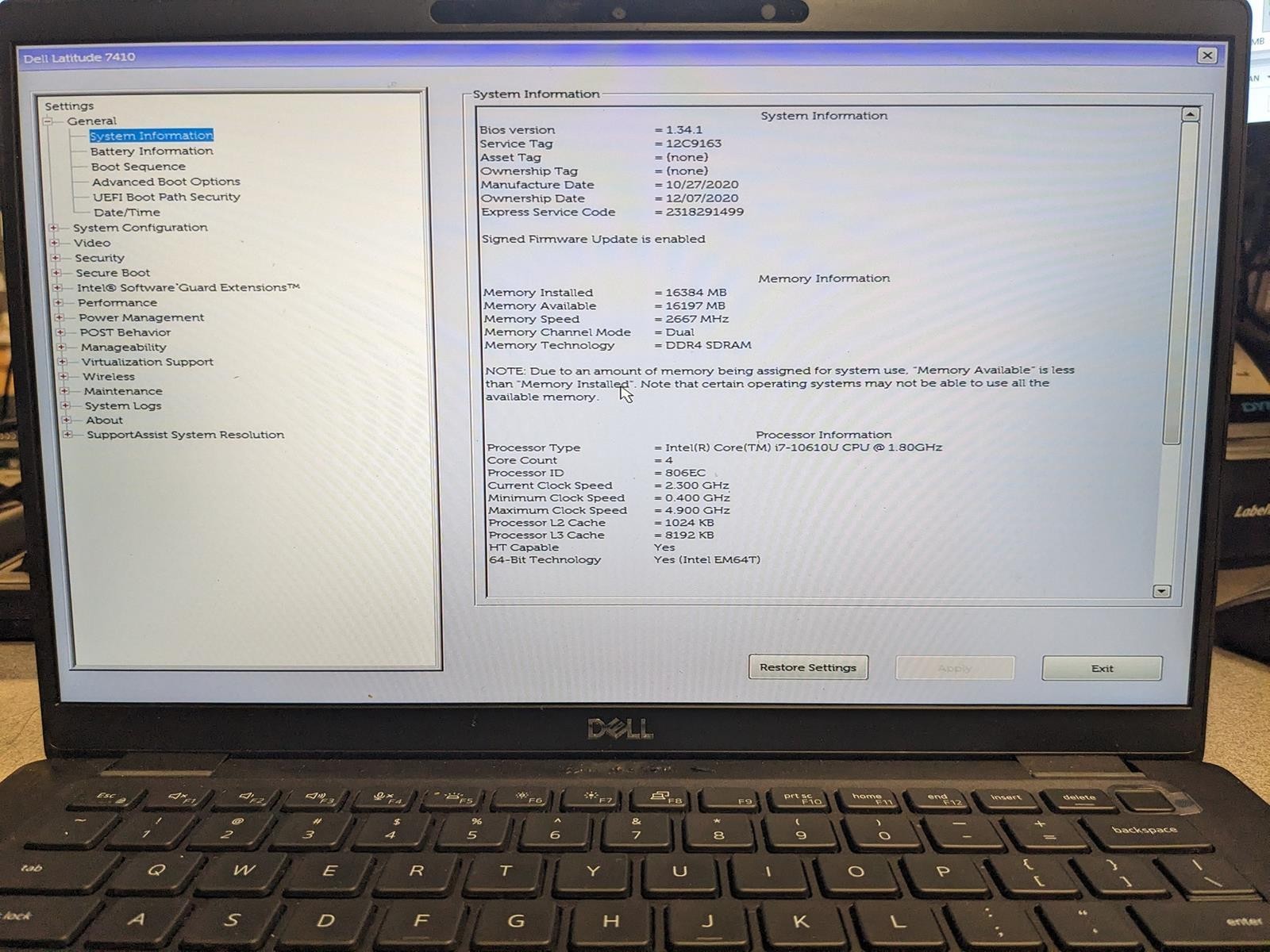 DELL LATITUDE 7410 i7-10610U @ 1.80GHz, 16GB RAM, NO HDD/OS