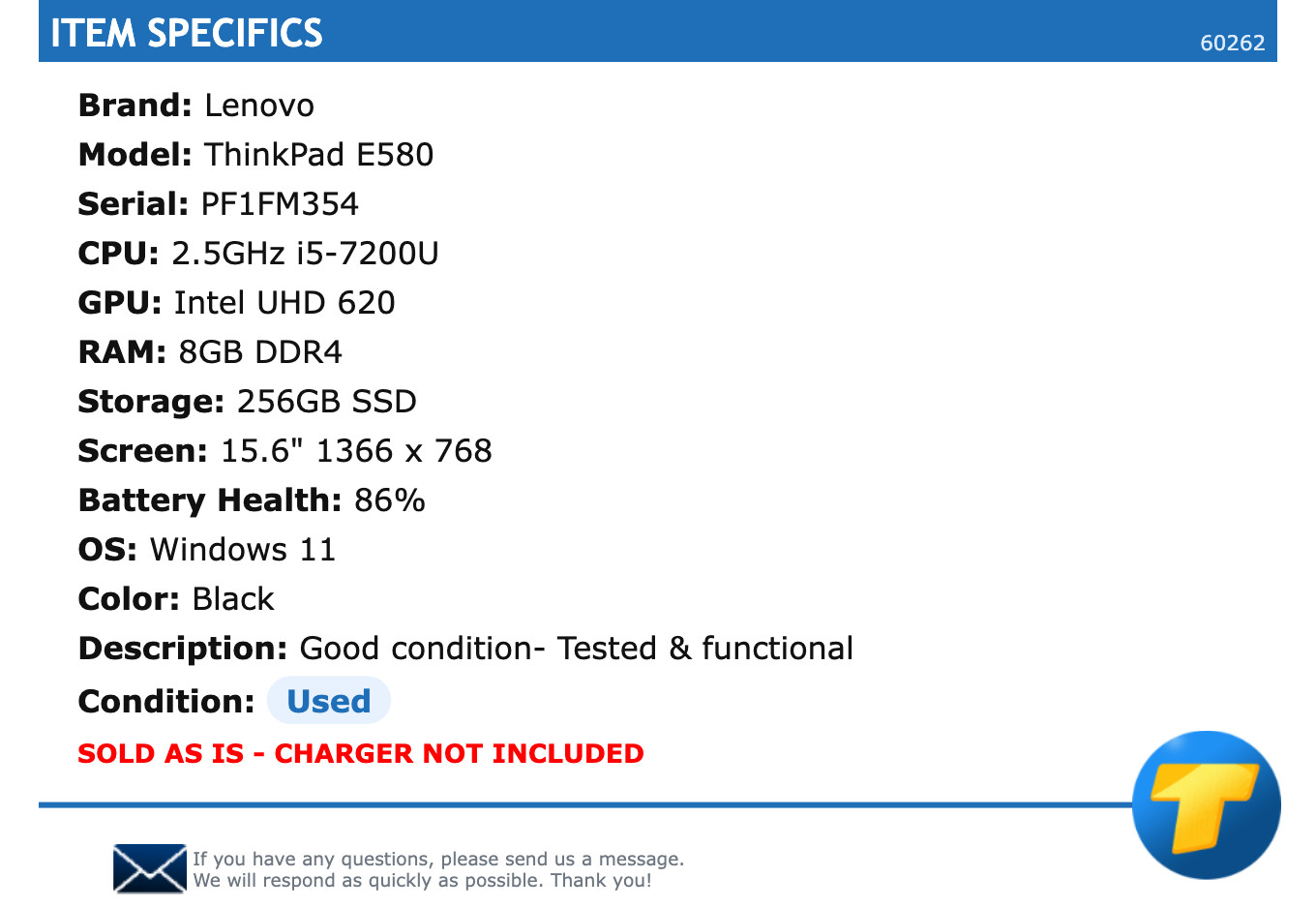 Lenovo ThinkPad E580 – 15.6″ HD, 2.5GHz i5, 8GB RAM, 256GB SSD, Windows 11