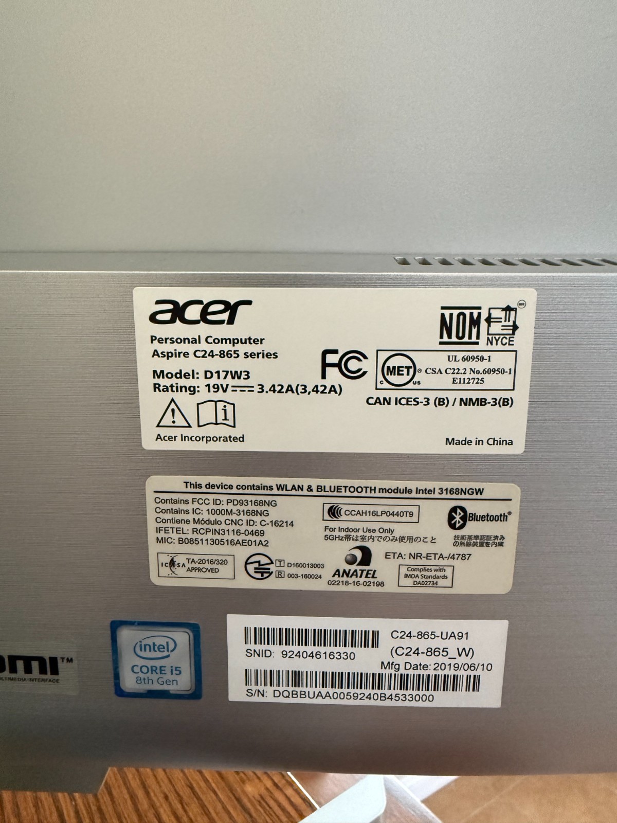 Acer Aspire C24-865 series 21″ Intel Core 8th Gen All in One-Silver Monitor