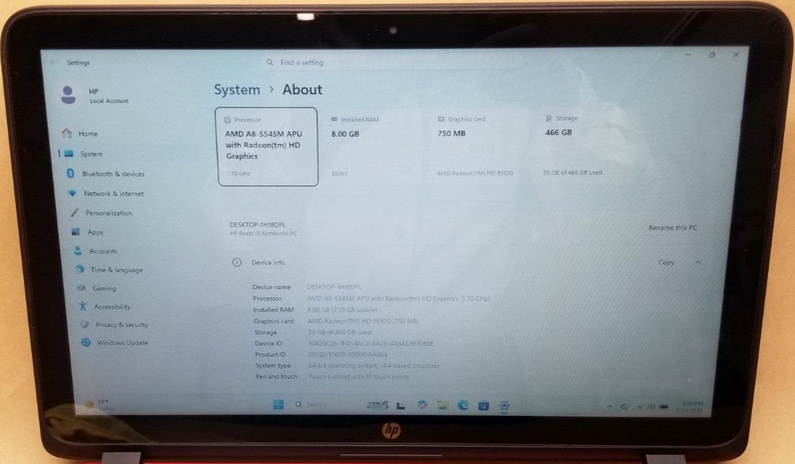 HP BEATS EDITION 15” TOUCH, AMD A8-5545M, 8 GB RAM 500GB SSD Win 11 (15-p099nr)