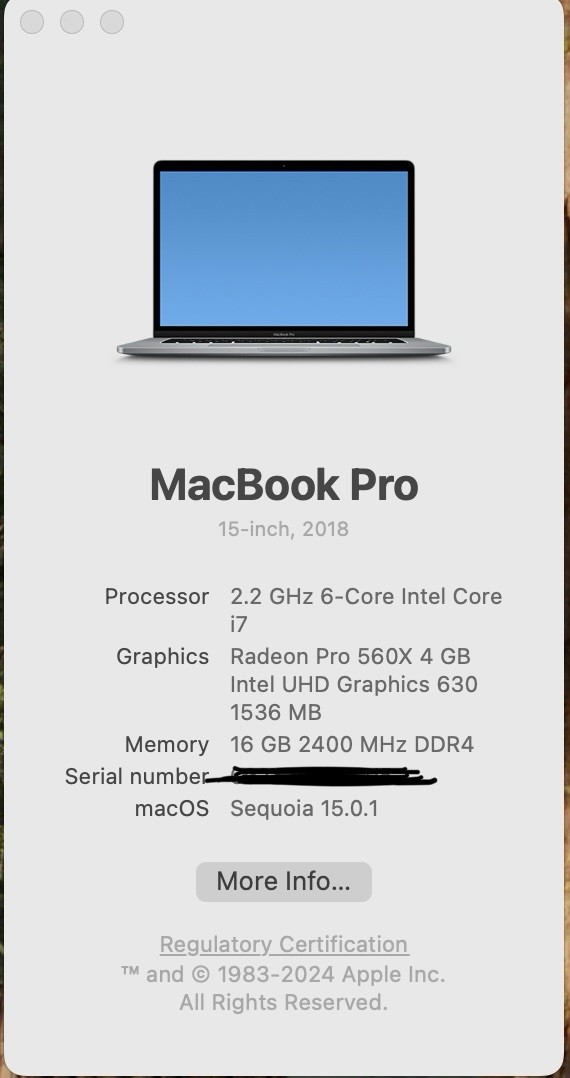 Apple A1990 MacBook Pro 2018 6-Core Intel i7-8750H@2.2GHz, 16GB DDR4, 500GB SSD