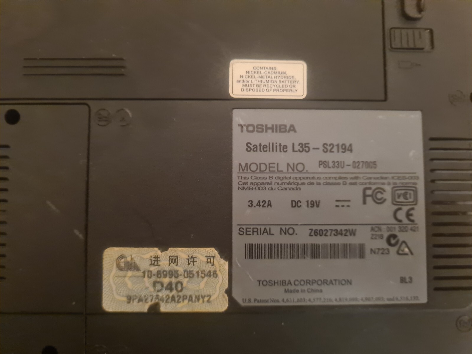 Toshiba WINDOWS XP SP3 Satellite L35-S2194 Laptop Power Supply TESTED WORKS