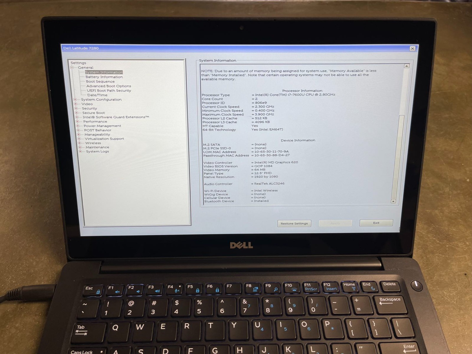 LOTX4 Dell Laptop Latitude 7280 Touchscreen 12.5″ i7-7600U MOTHERBOARD KEYBOARD