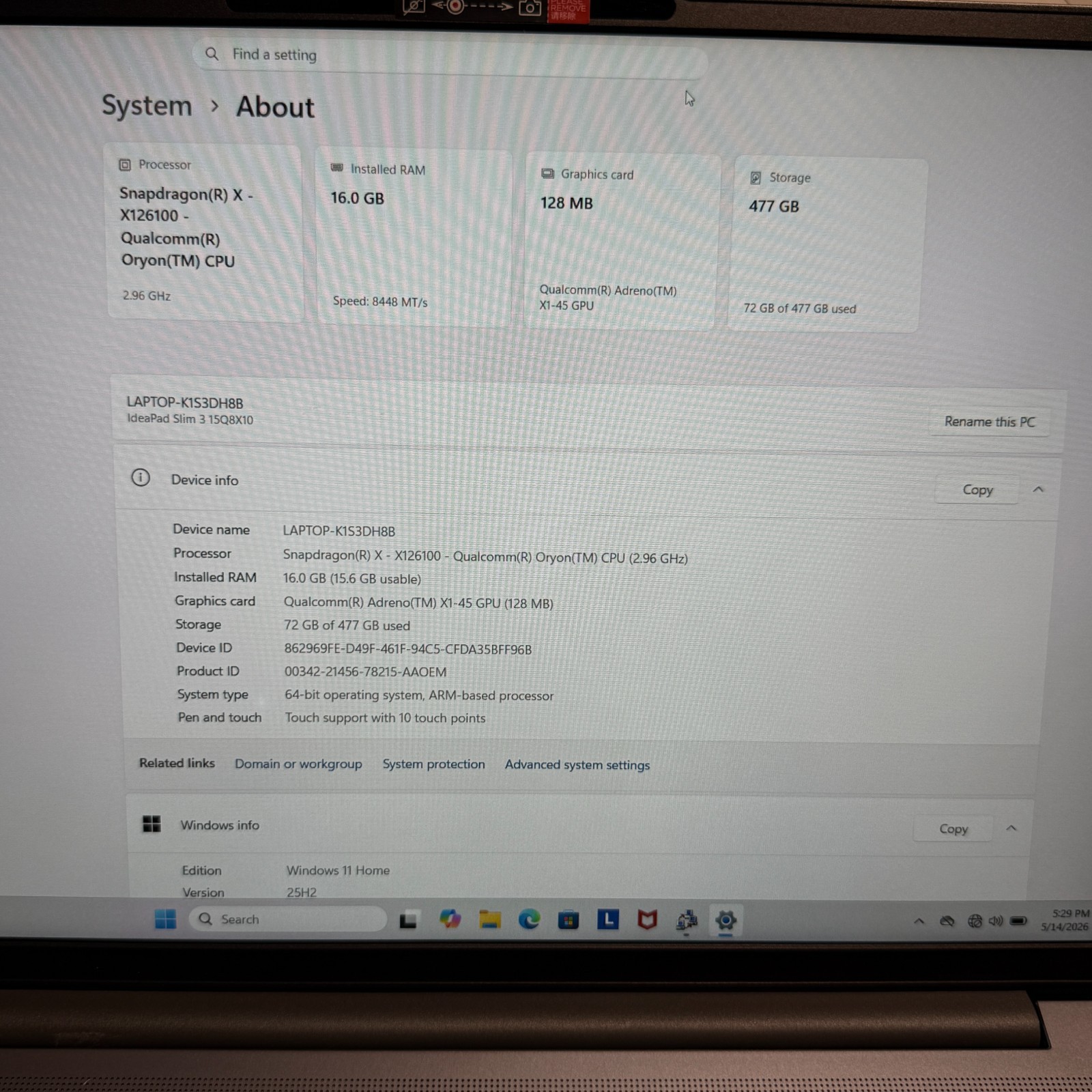 Lenovo IdeaPad Slim 3 15Q8X10 15.3″ Snapdragon X 16GB 476GB SSD Touch 100% Bat